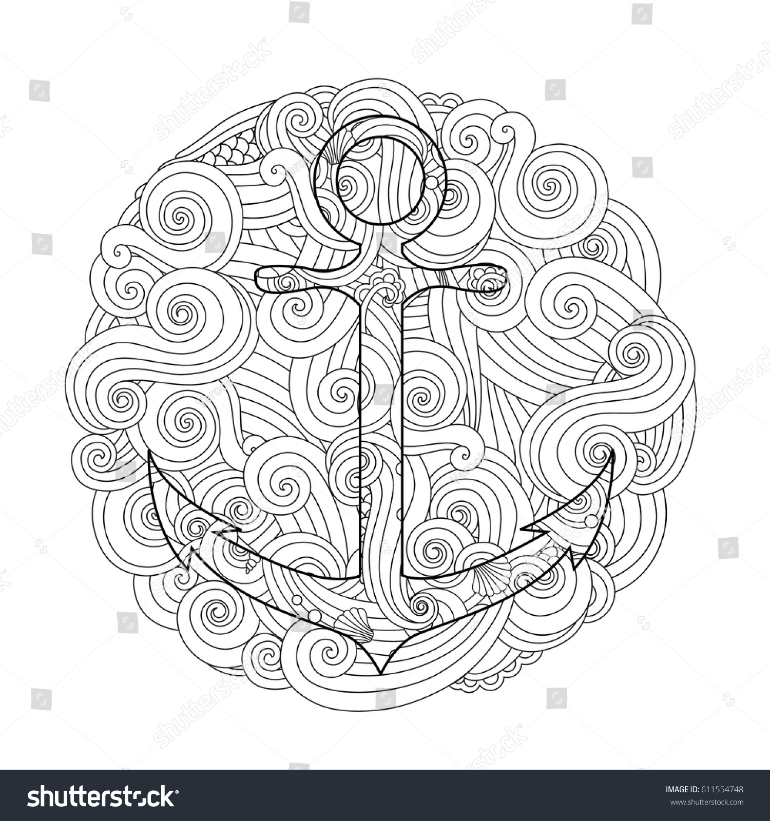 Coloring page with anchor in wave mandala Zentangle inspired doodle style Square position