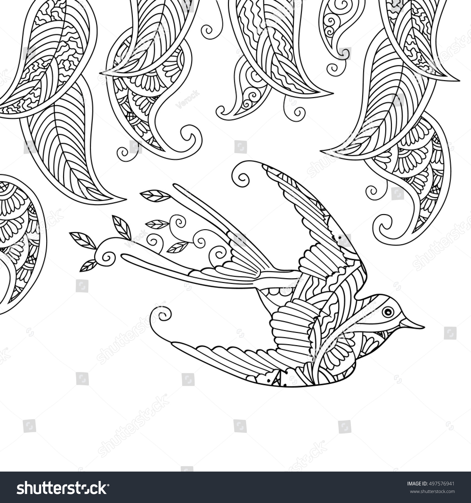 Coloring Page Beautiful Flying Bird Willow Stock Vector Royalty Free 497576941