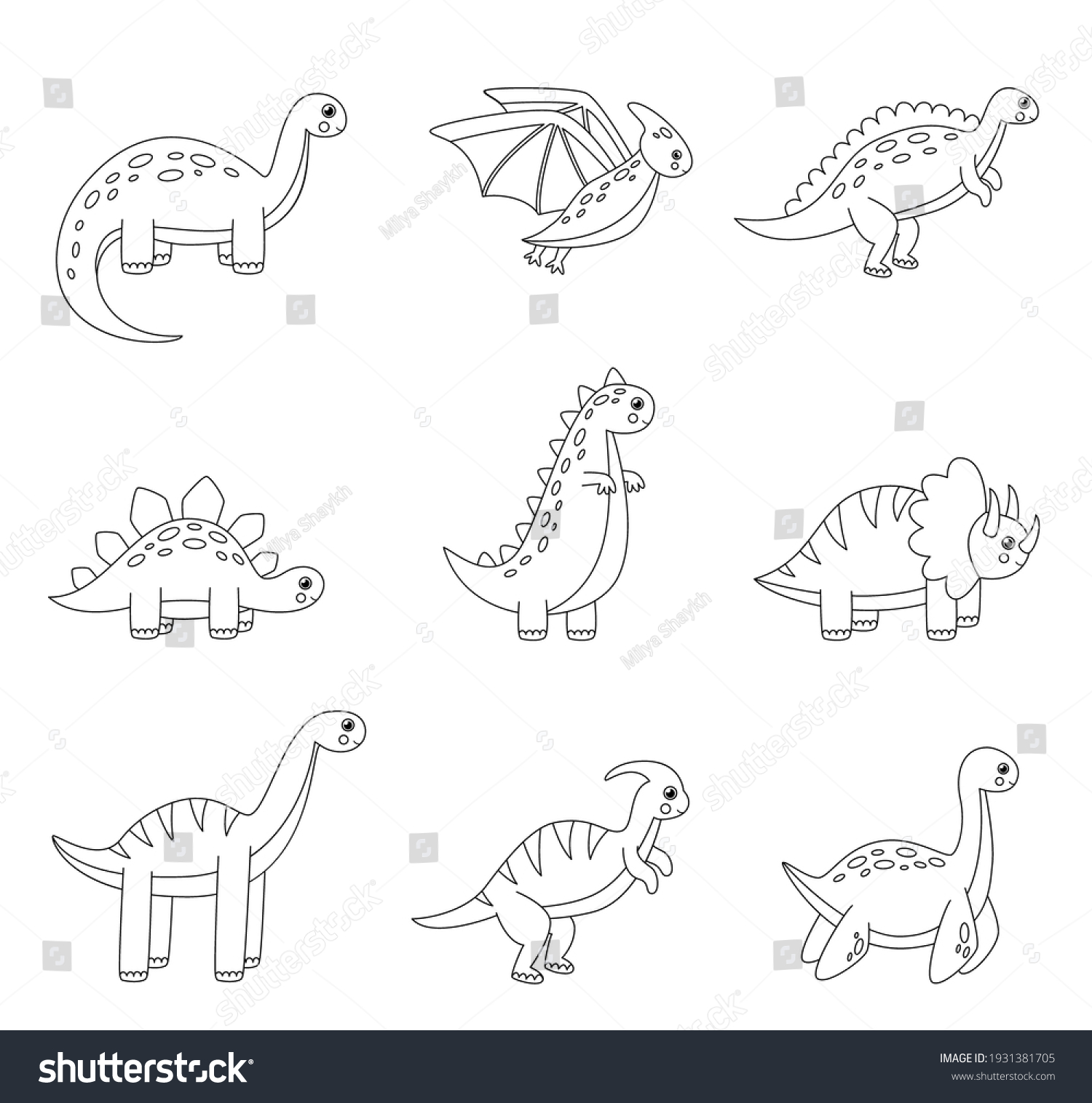 Coloring Page Cartoon Dinosaurs Set Black Stock Vector (Royalty Free ...