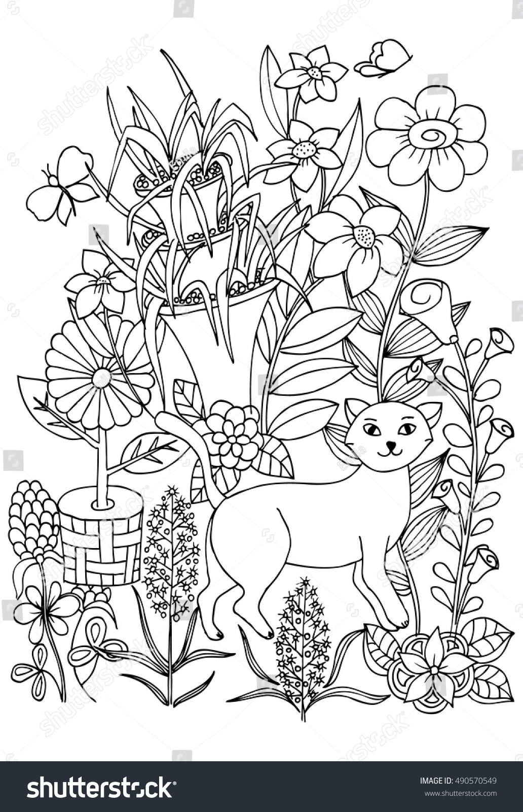 Coloring page with cat flowers and butterflies for coloring book