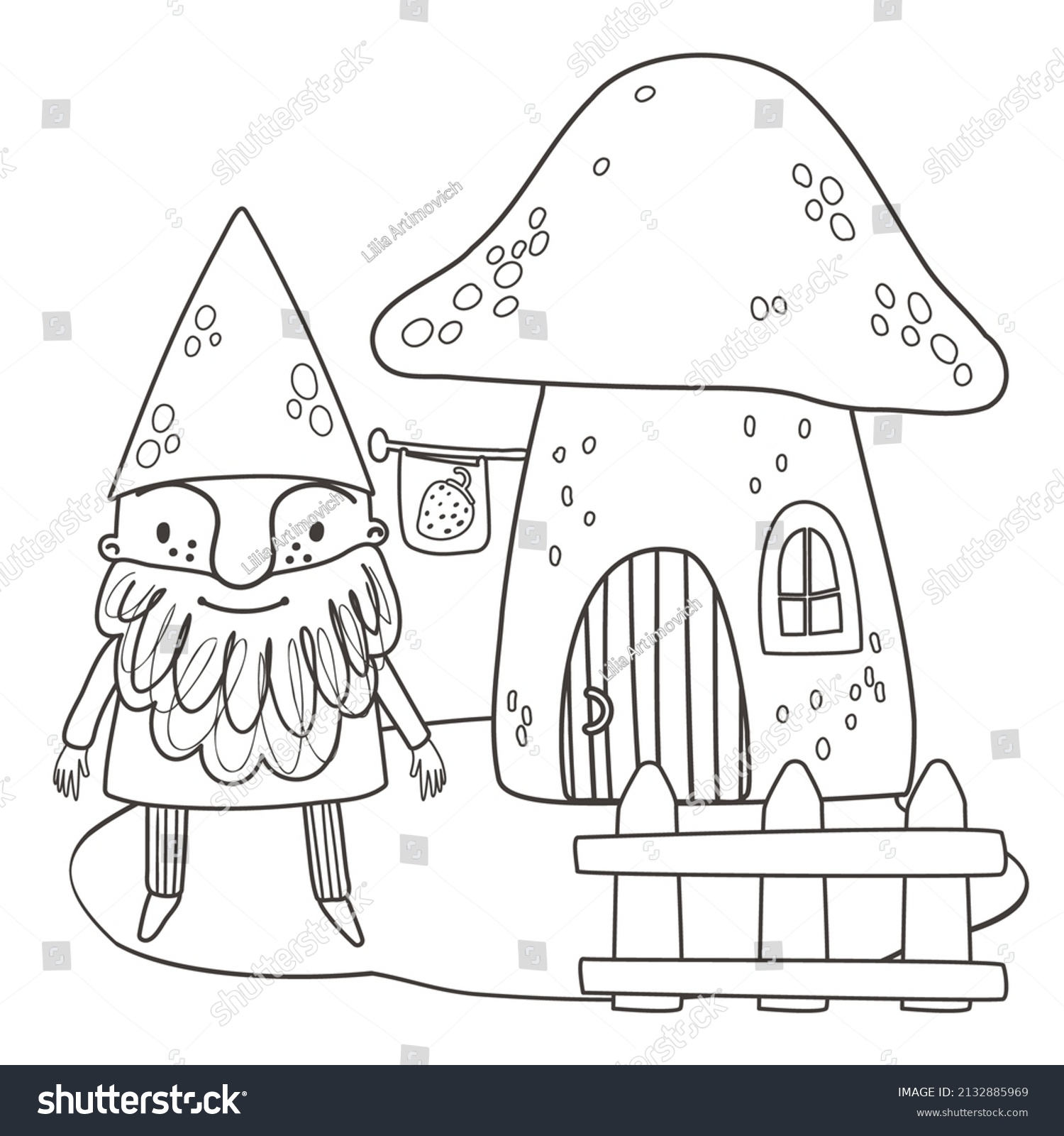 Coloring Page Cute Garden Gnome Mushroom Stock Vector (Royalty Free ...