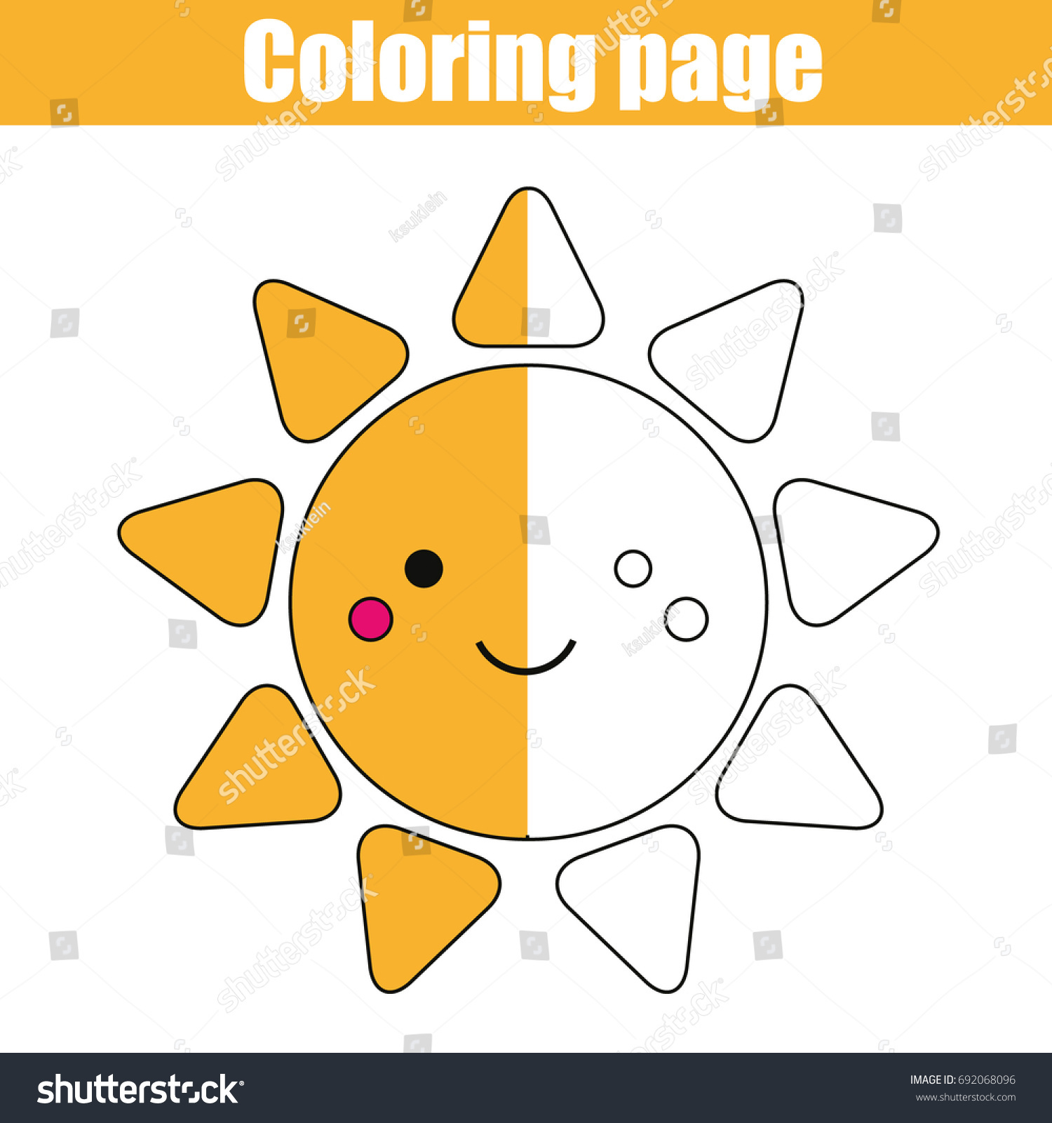 Coloring page with cute smiling sun character Color the picture drawing activity Educational game