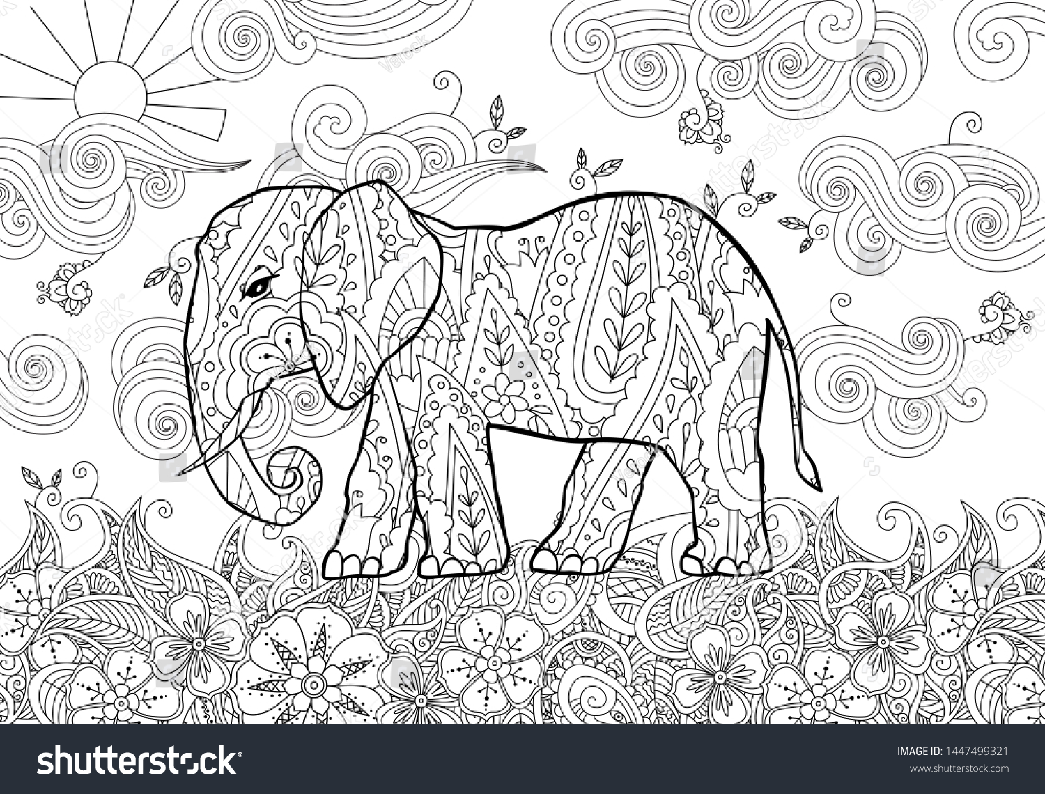 Coloring Page Doodle Style Elephant On Stock Vector (Royalty Free ...