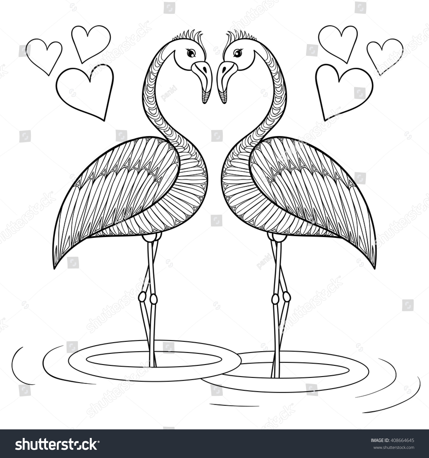 Coloring page with Flamingo birds in love zentangle hand drawing illustration tribal totem bird for