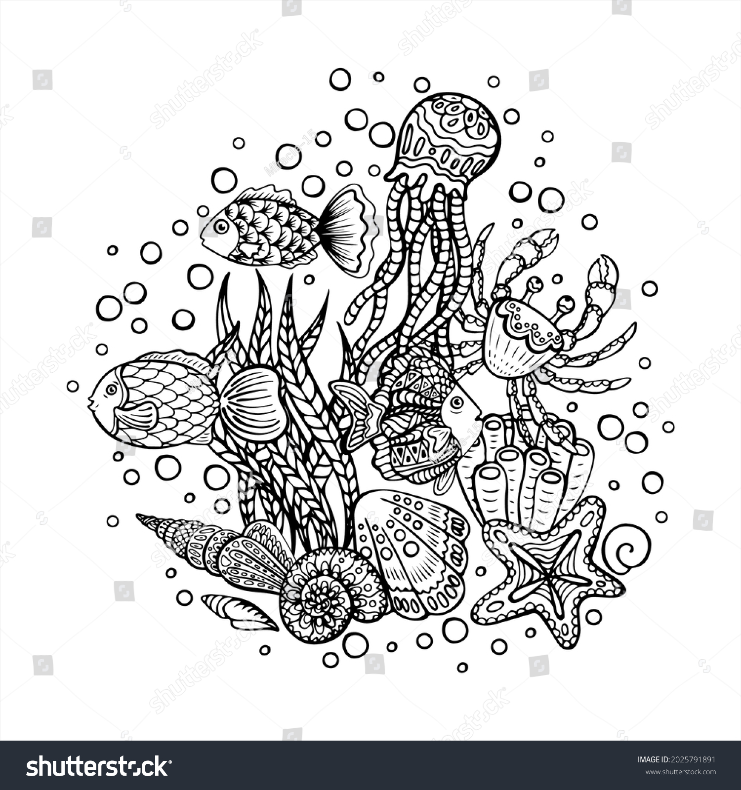 Coloring Page Hand Drawn Sea Creatures Stock Vector (Royalty Free ...