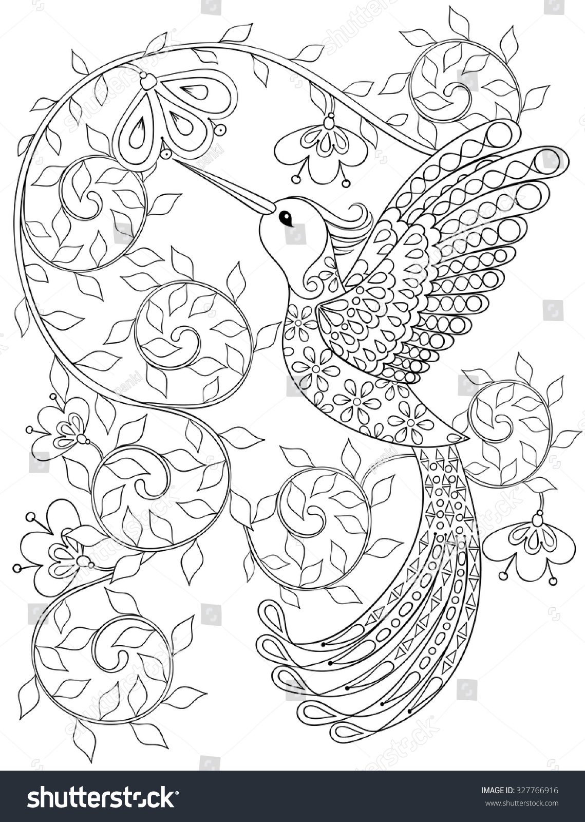 Coloring page with Hummingbird zentangle flying bird for adult Coloring books or tattoos with high