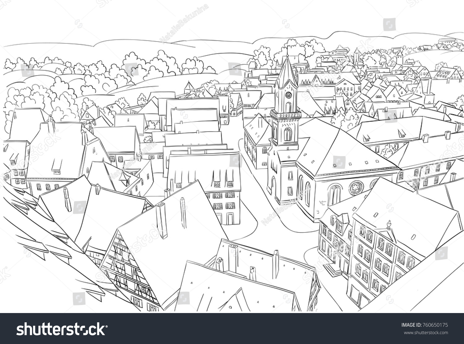 Coloring Page With Nice Small Town Sketch Hand Draw Black And White