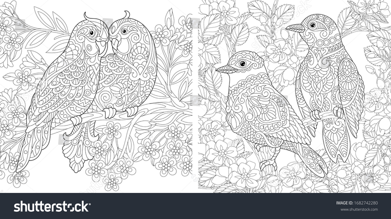 Adult Coloring Pages Cute Birds Sitting Stock Vector Royalty Free ...