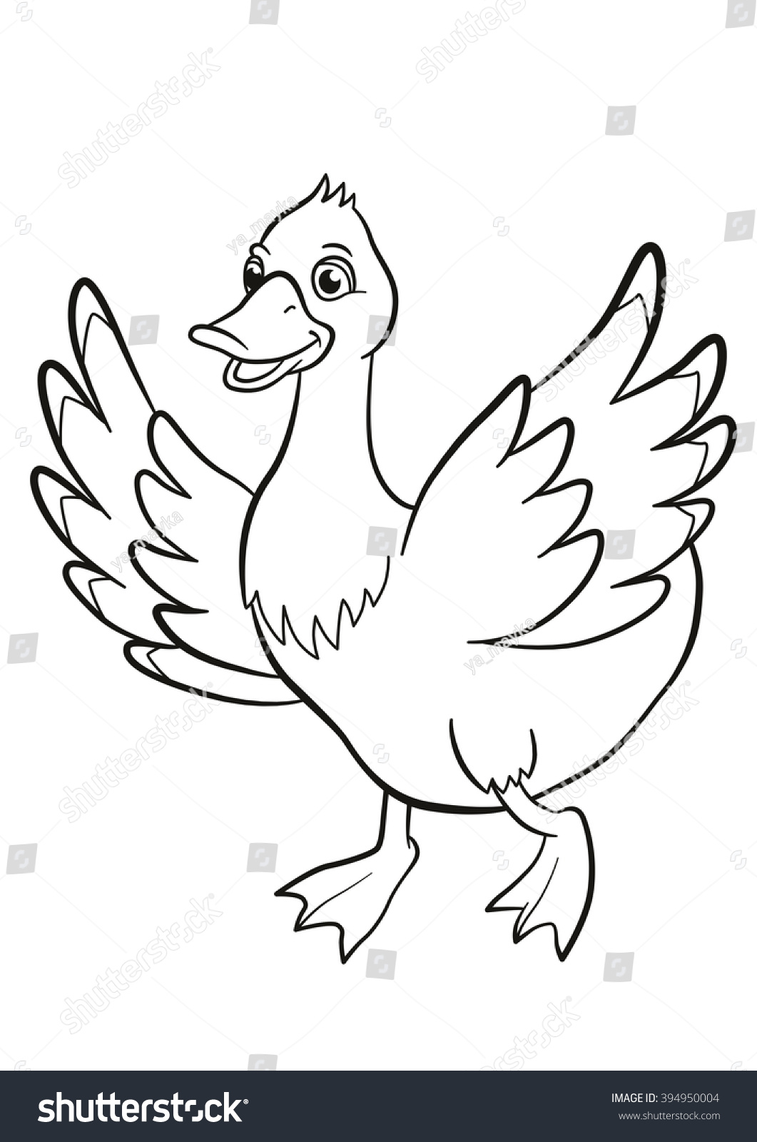 Coloring pages Cute duck runs and smiles It waves her wings