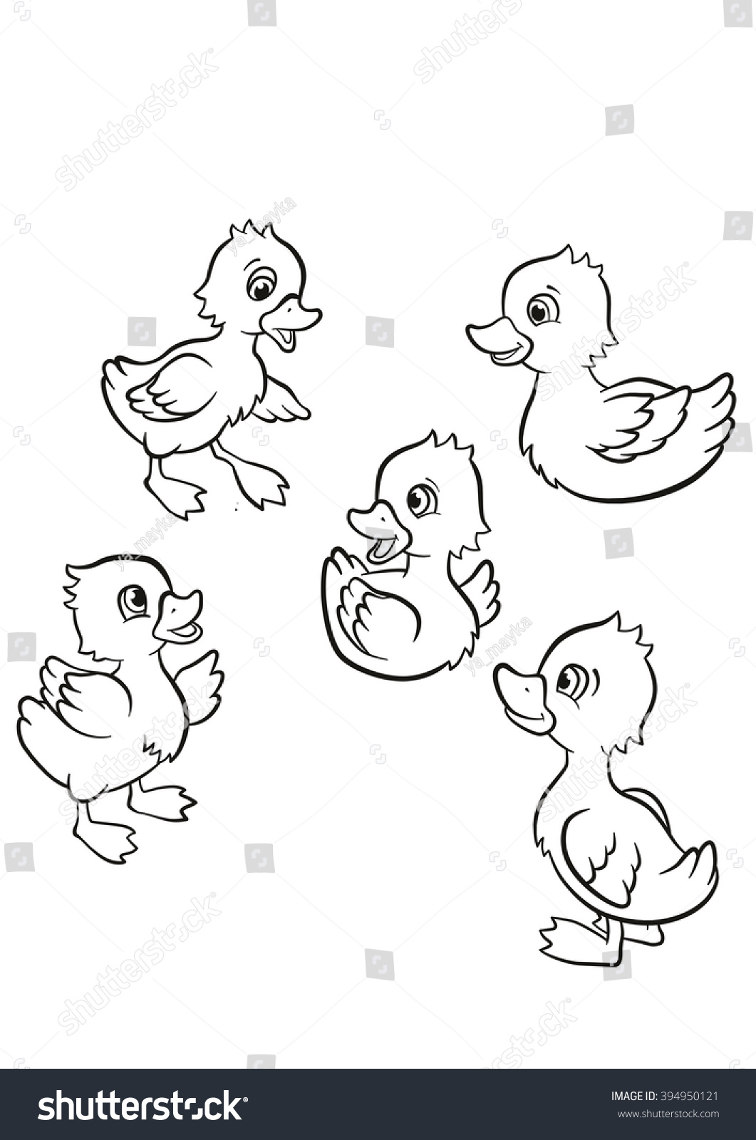 Coloring pages Five little cute ducklings swim on the lake and stand on the grass