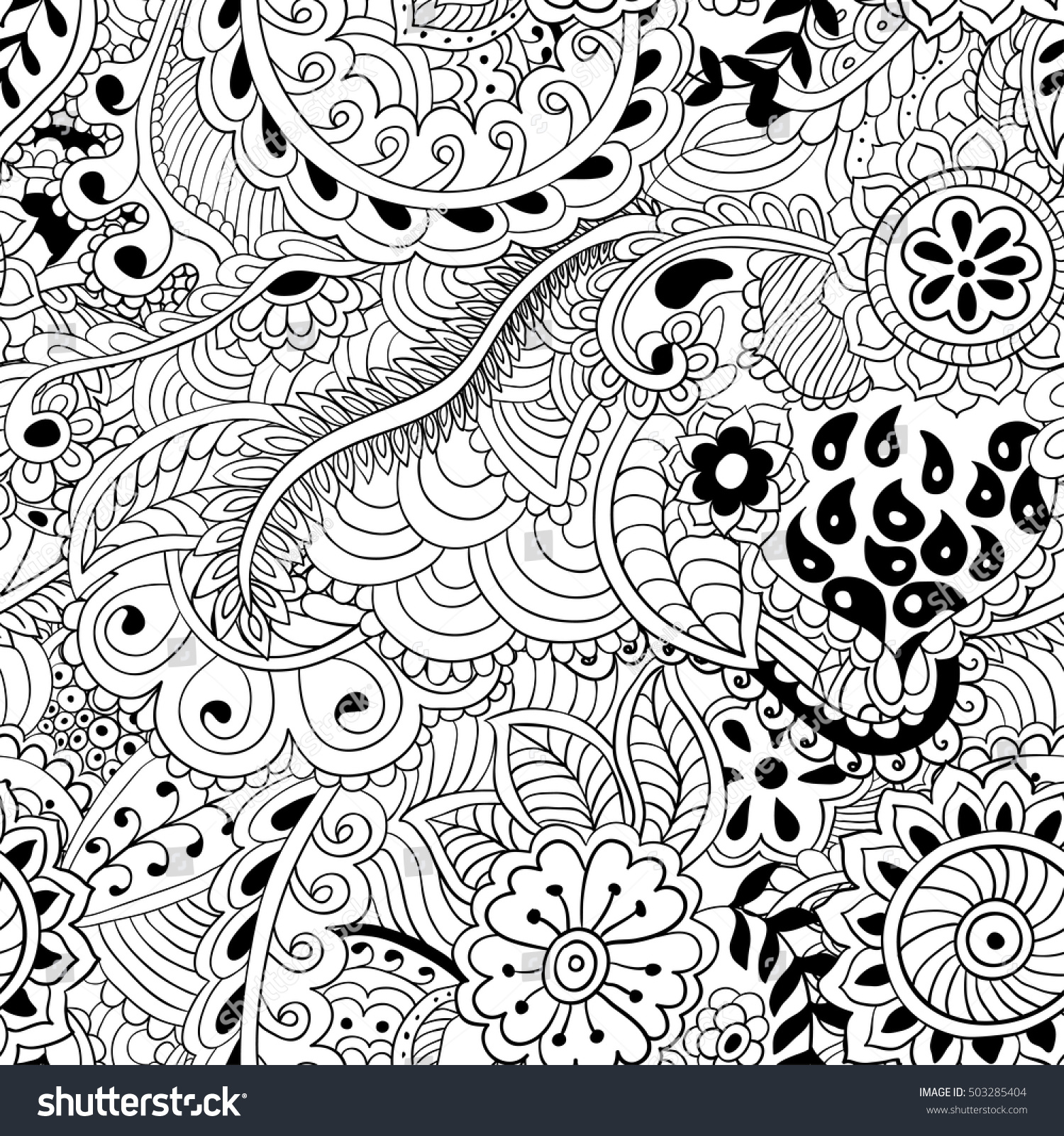 Vector Seamless Monochrome Floral Pattern Hand Drawn Floral stock vector coloring pages for adults abstract vector illustration seamless pattern