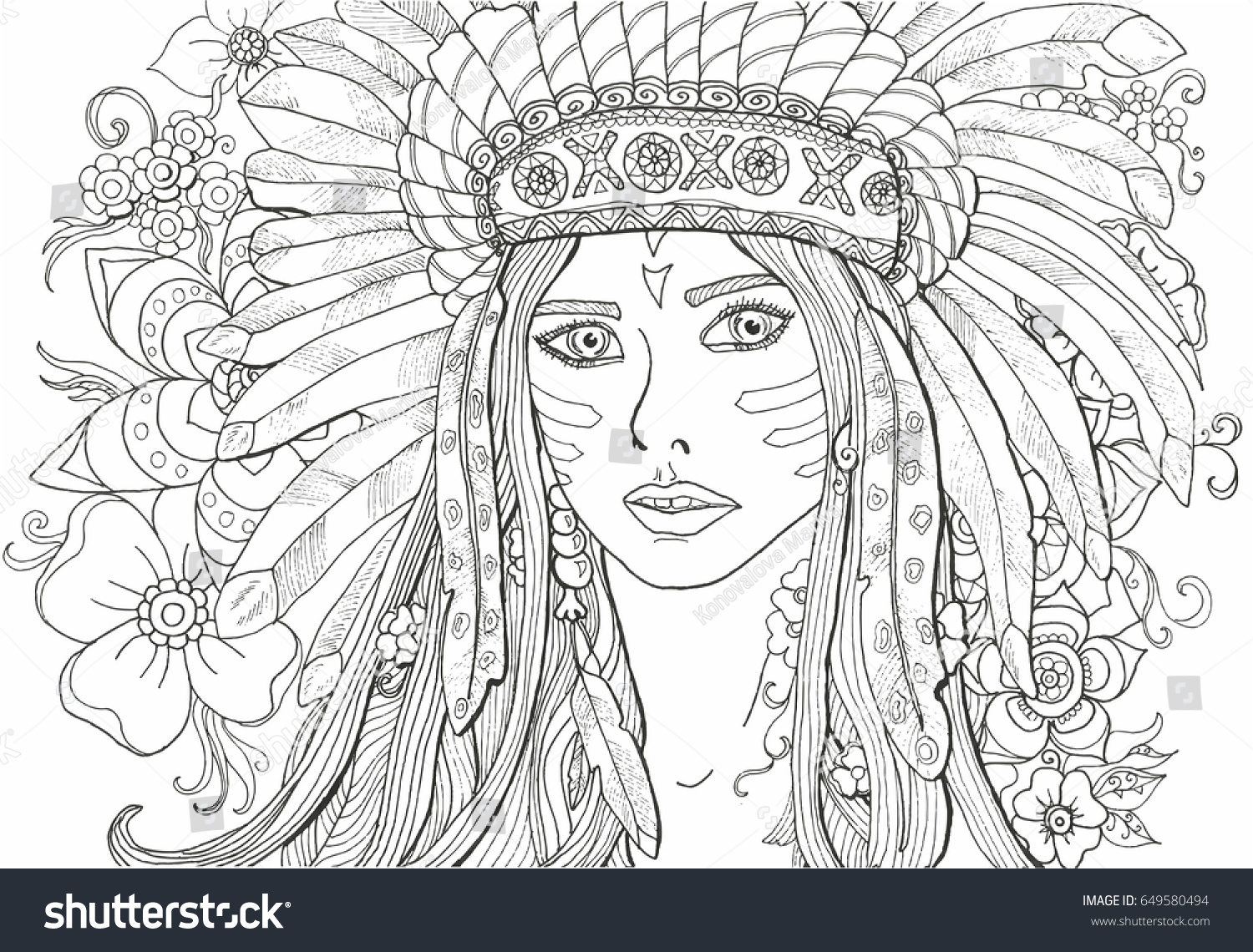 Coloring pages for adults girl Indian with decoration of feathers