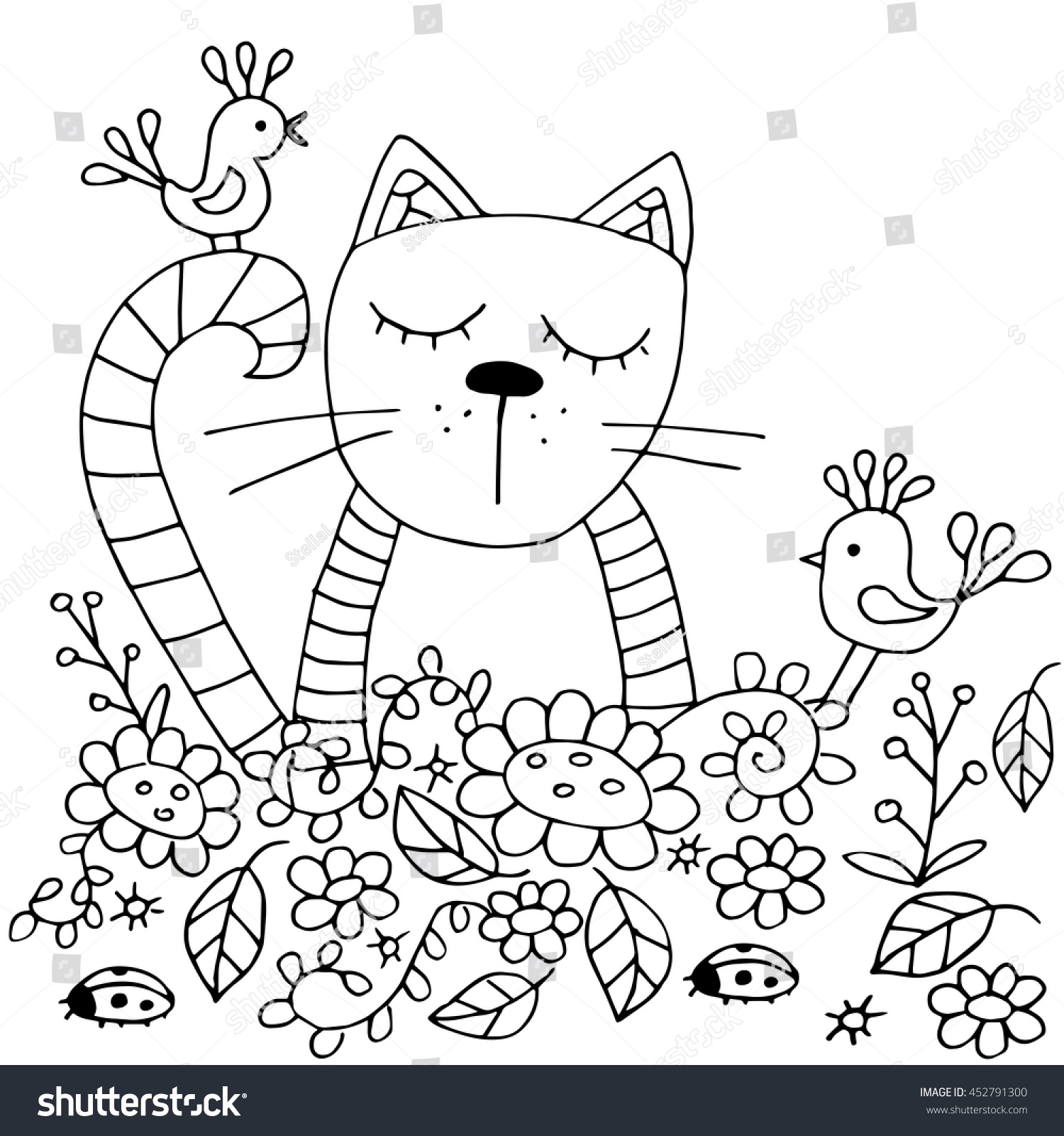 Coloring pages for adults The cat and the birds