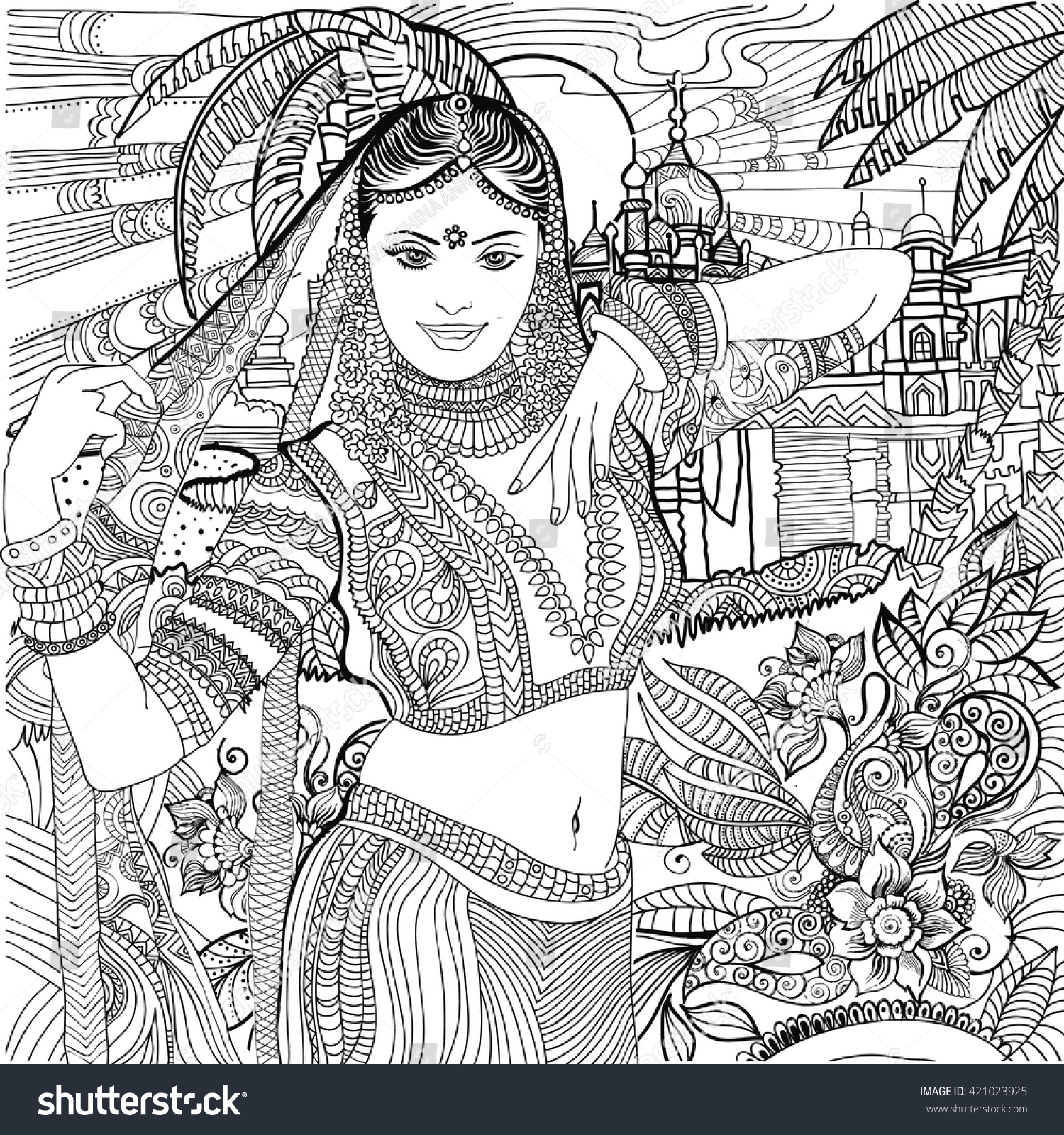 Coloring Pages India Indian Woman Stock Vector Royalty Free ...