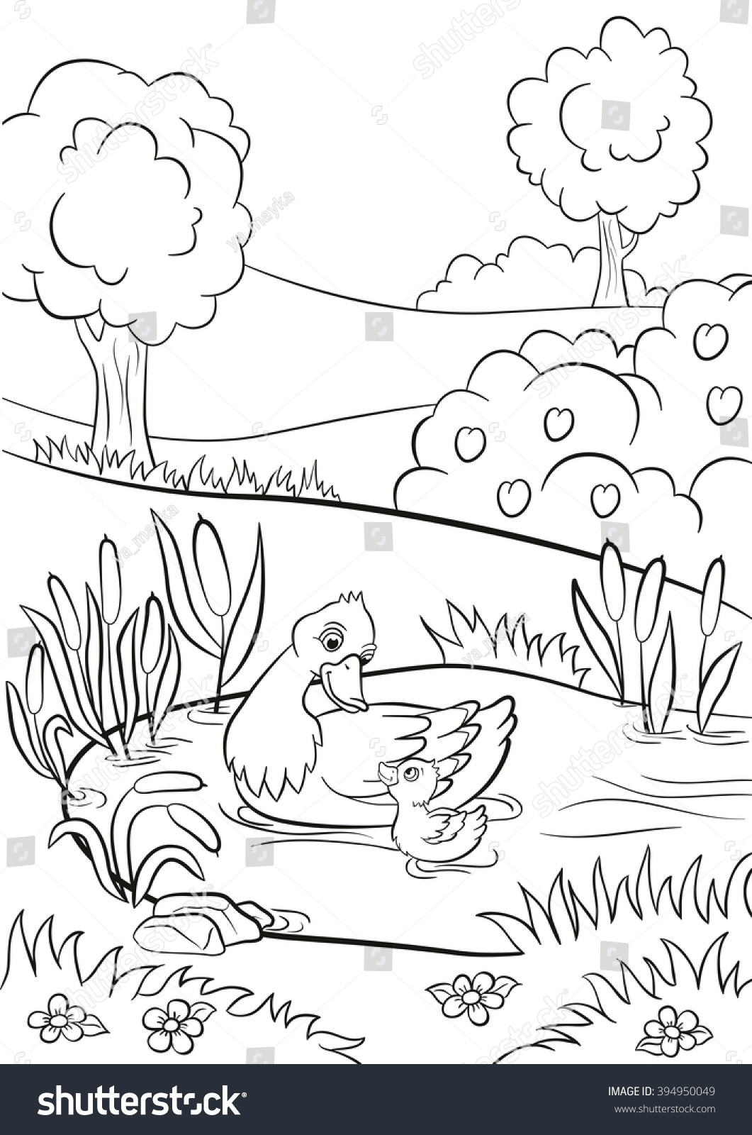 Coloring pages Kind duck and little cute duckling swim on the pond There are