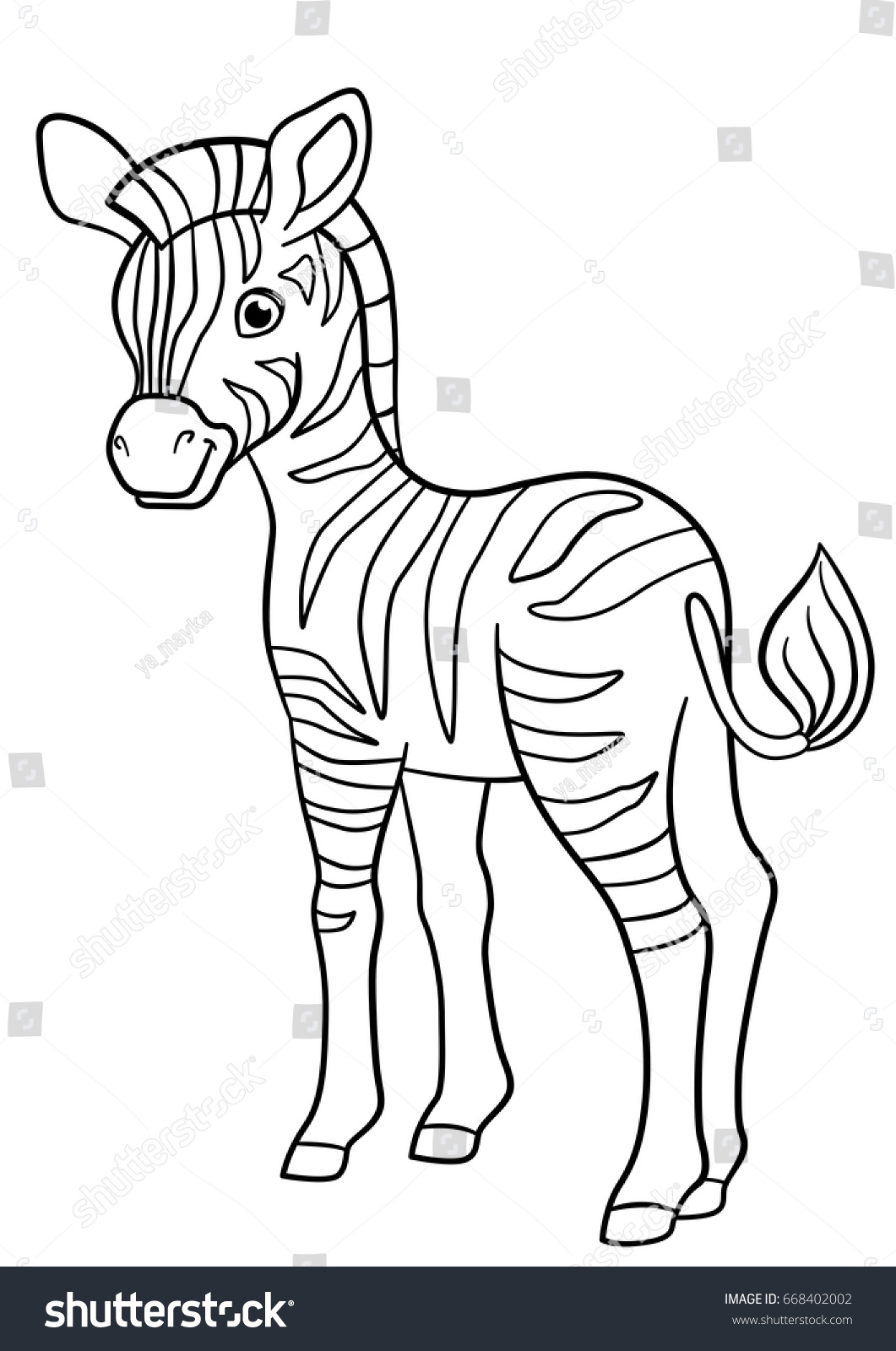 Coloring pages Little cute baby zebra stands and smiles