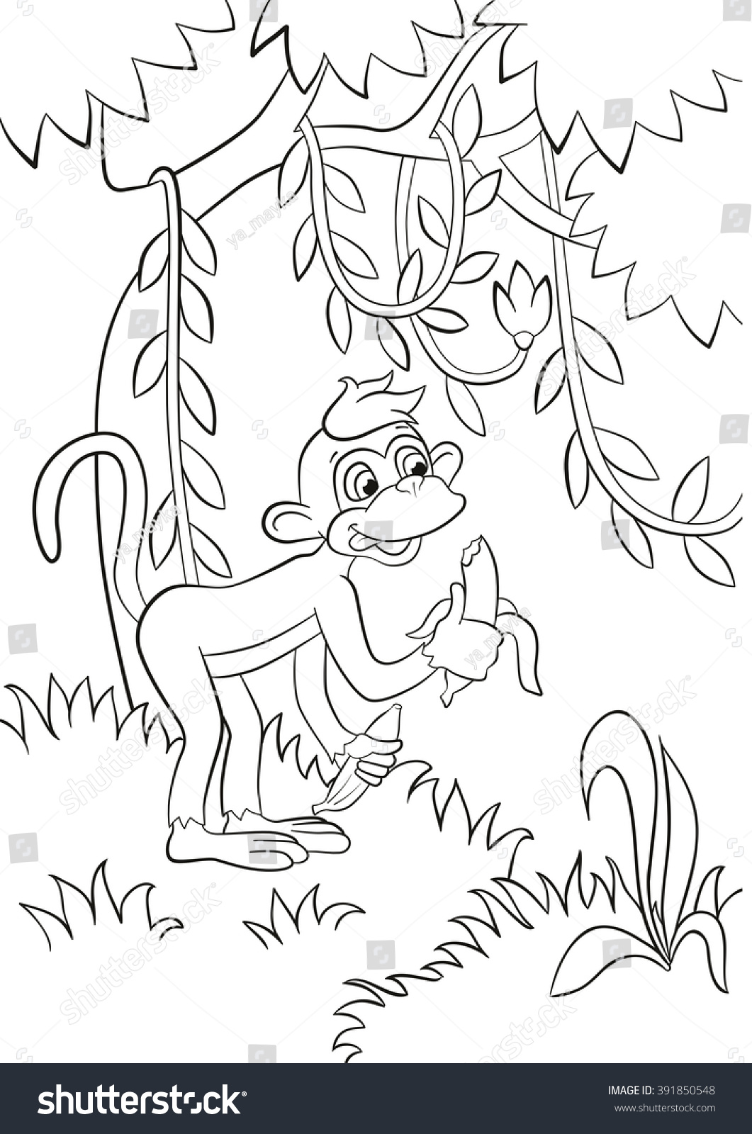 Coloring Pages Little Cute Monkey Eating Stock Vector (Royalty Free ...