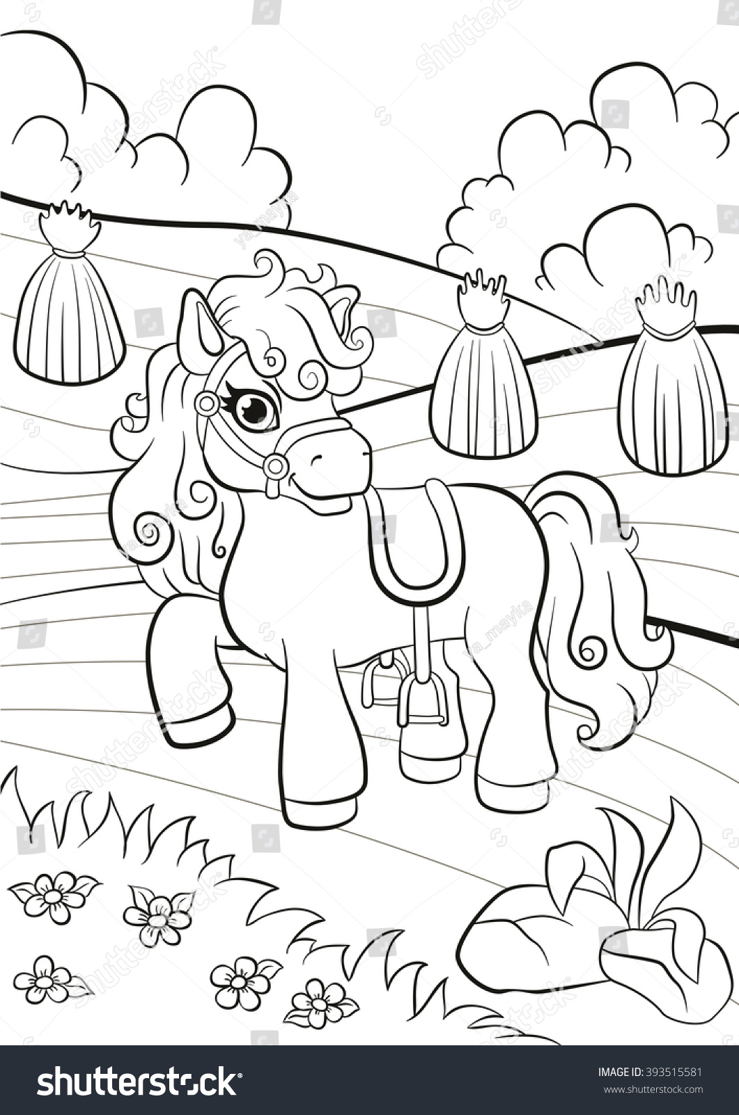 Coloring pages Little cute pony standing on the field and smiling