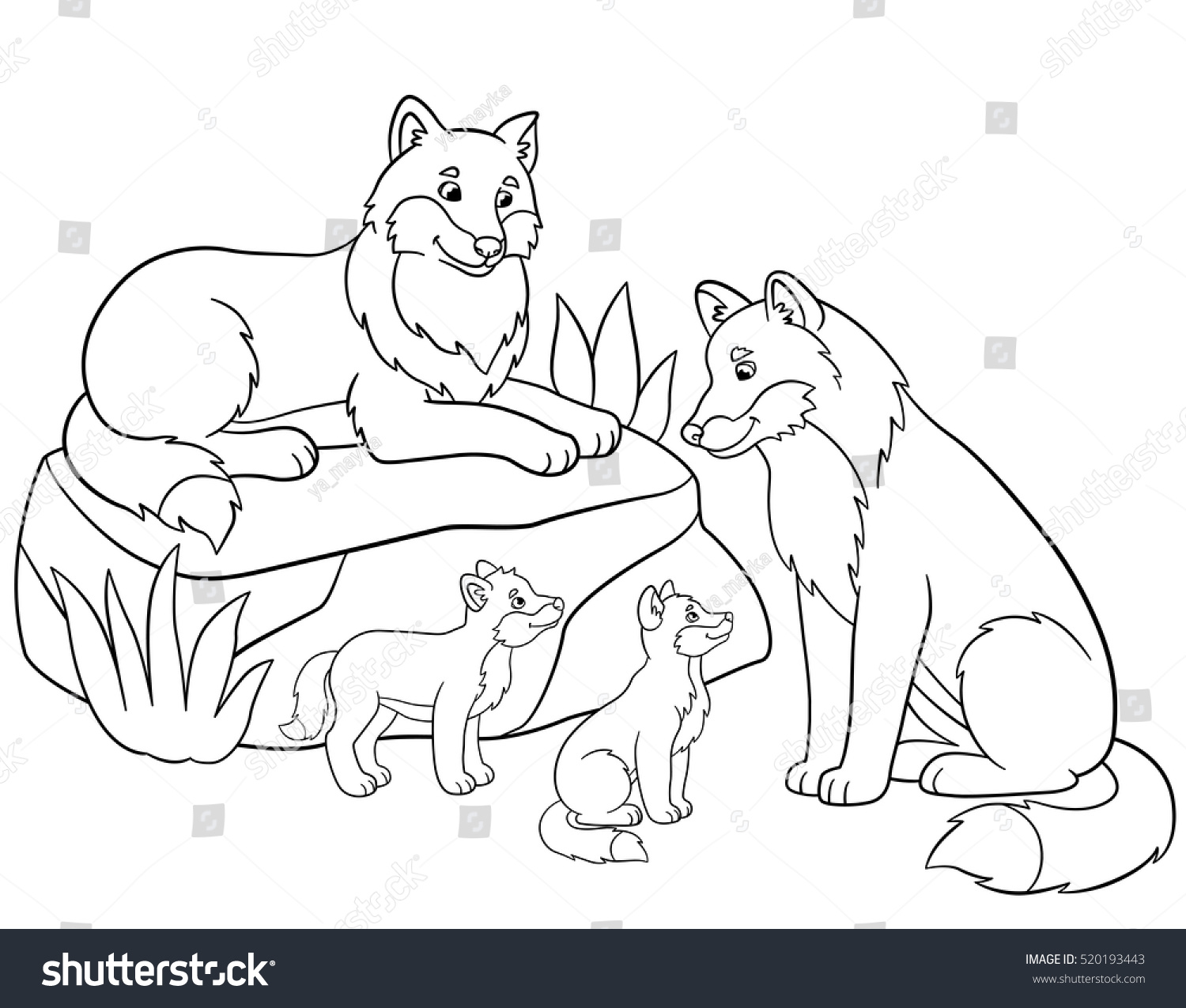 Coloring pages Mother and father wolves with little cute their babies