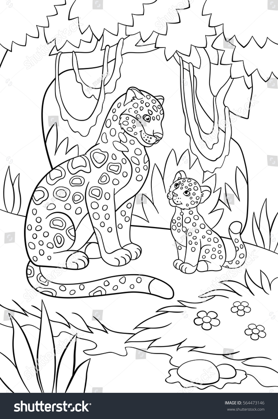 Coloring Pages Mother Jaguar Her Little Stock Vector (Royalty Free ...