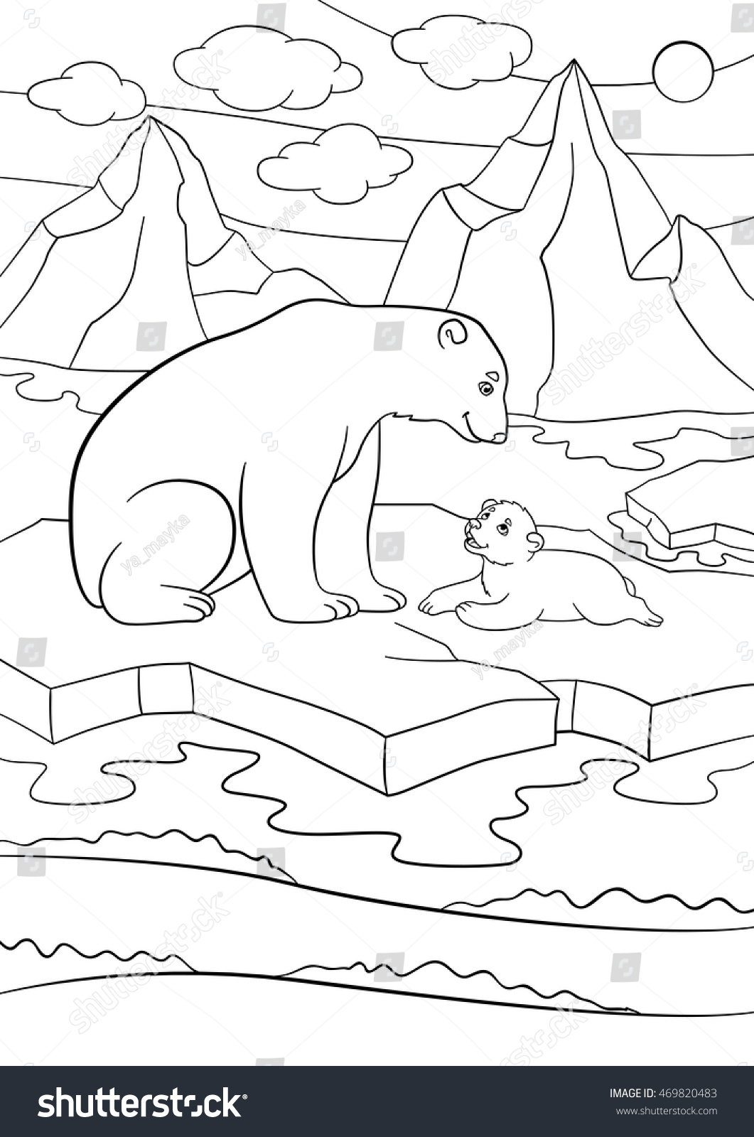 Coloring pages Mother polar bear sits on the ice floe with her little cute