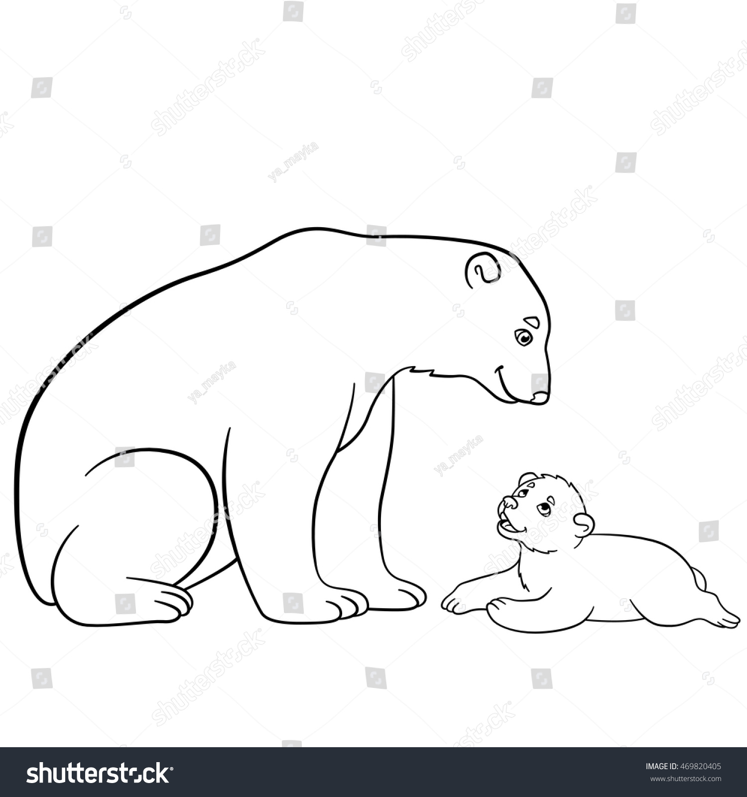 Coloring pages Mother polar bear sits with her little cute baby and smiles