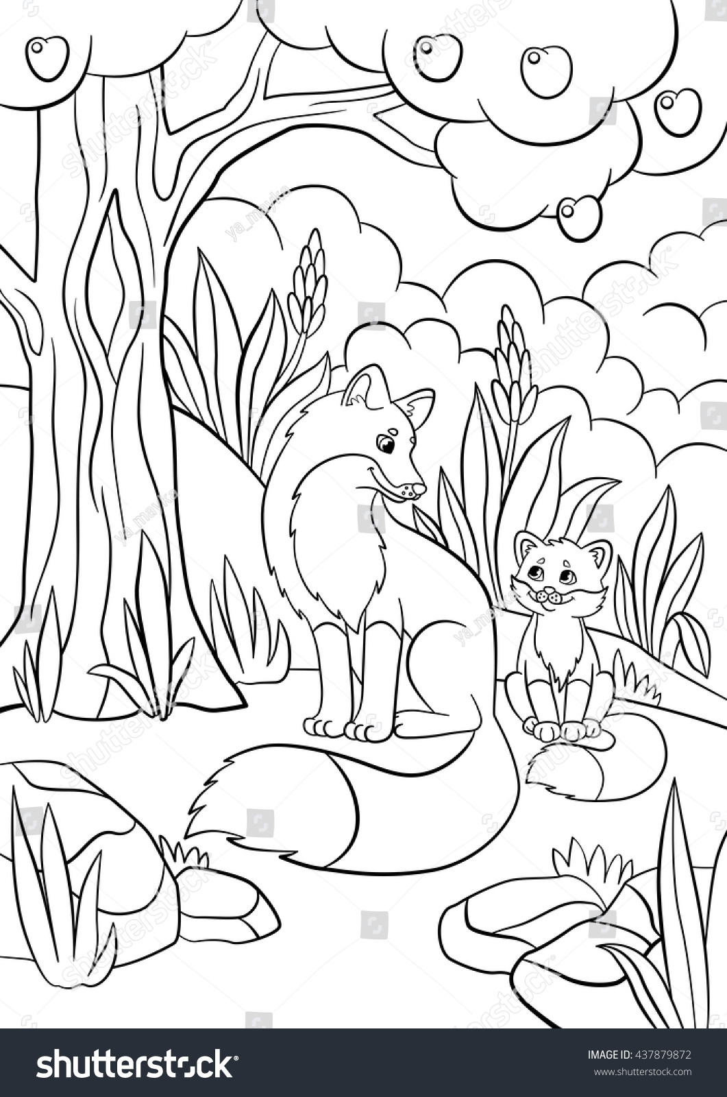 Coloring pages Wild animals Mother fox with her little cute baby fox in the