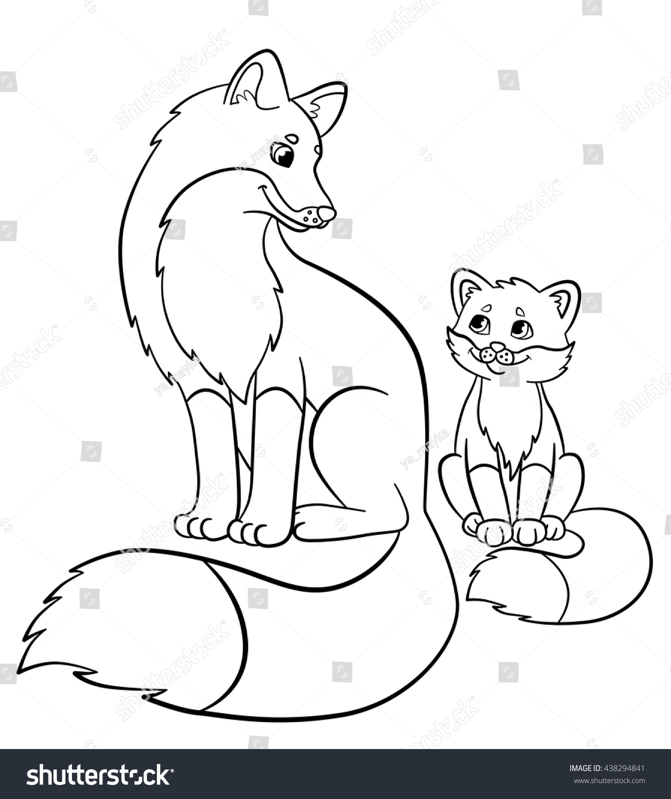 Coloring pages Wild animals Mother fox with her little cute baby fox smile