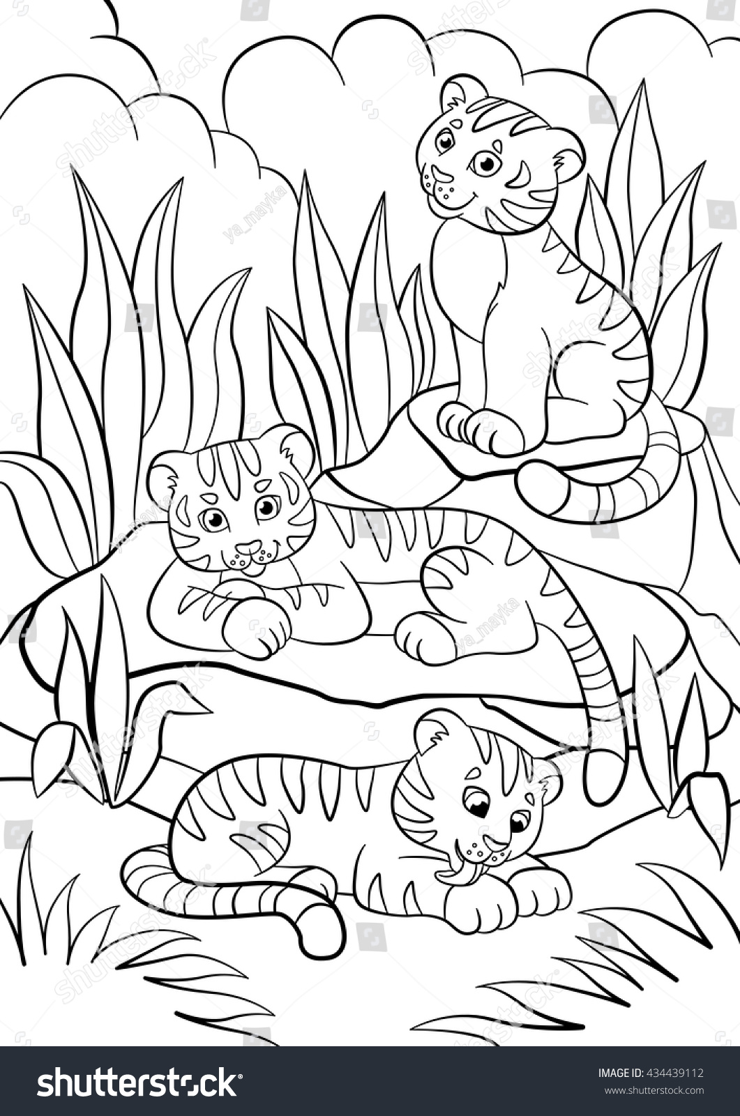 Coloring pages Wild animals Three little cute baby tigers in the forest