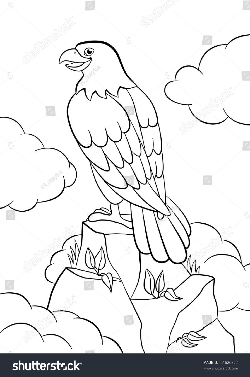 Coloring pages Wild birds Cute eagle sits on the rock and smiles