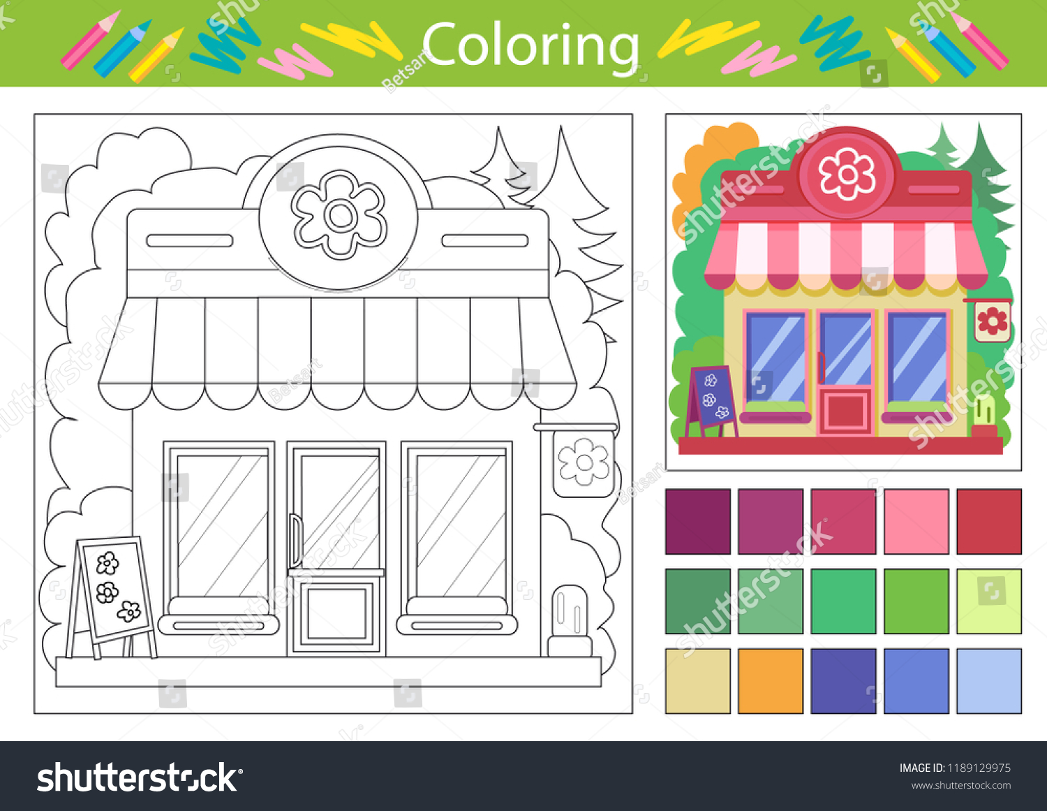 coloring worksheets cartoon flower shop vector stock vector royalty free 1189129975 shutterstock