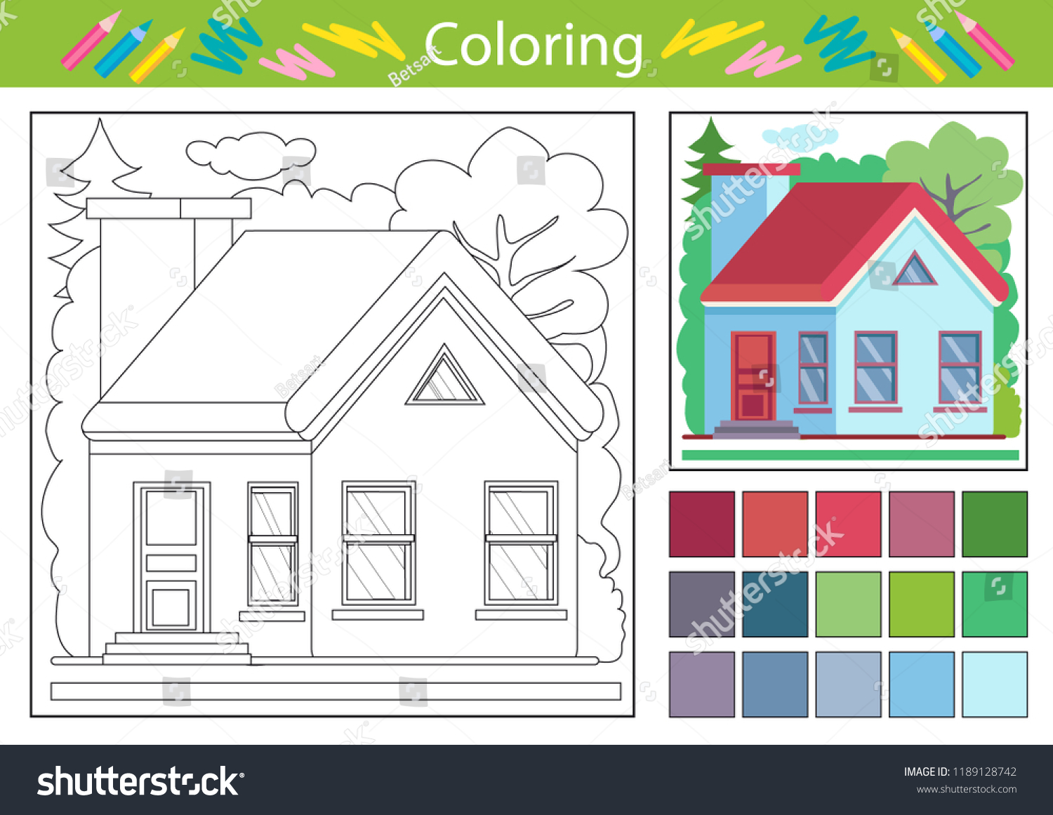 coloring worksheets cartoon house vector illustration stock vector royalty free 1189128742 shutterstock