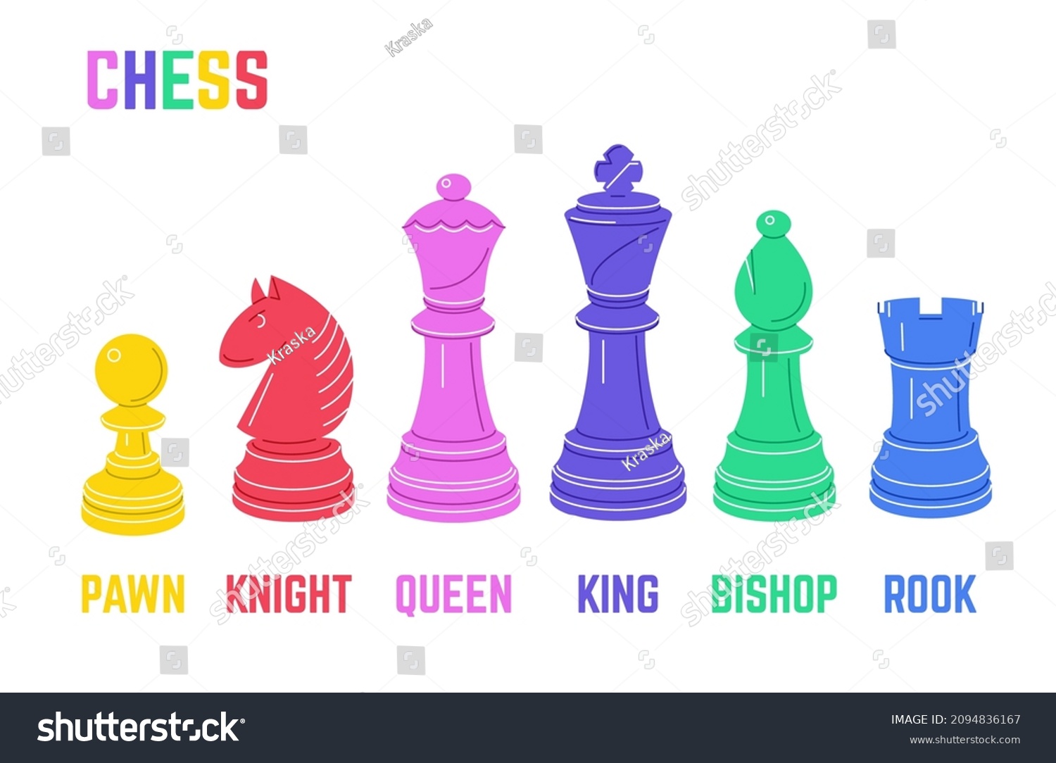 SVG of Colourful chessmen set. The king, qwueen, rook, bishop and pawn. Vector illustration. svg