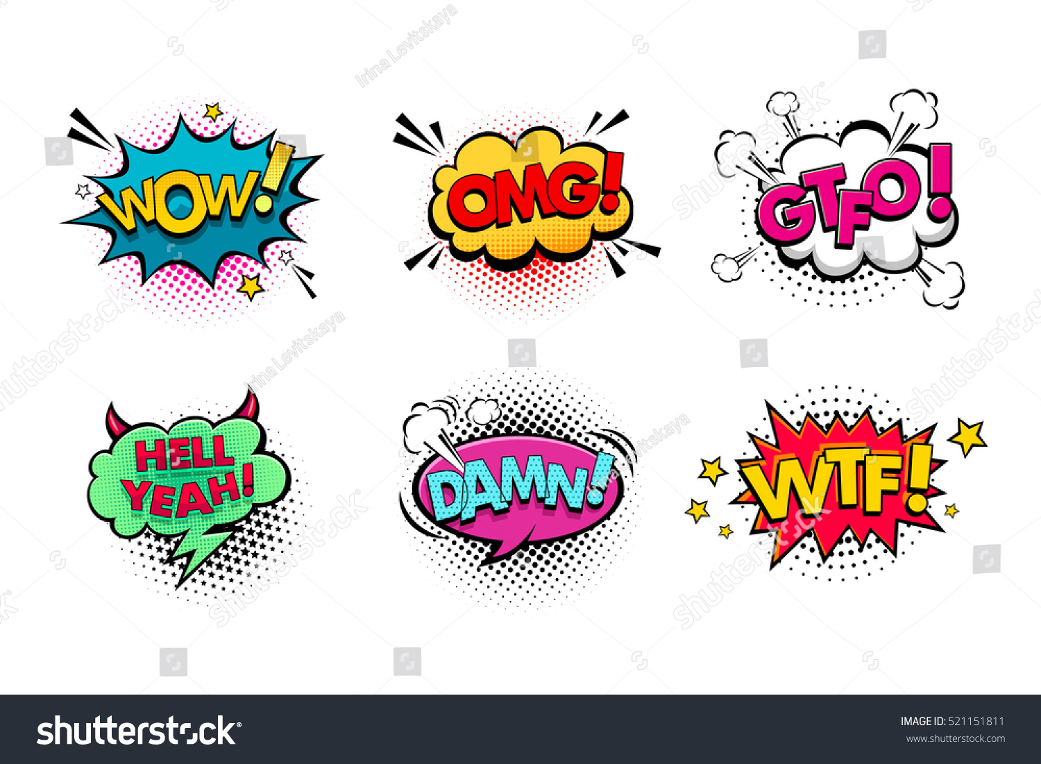 Comic speech bubbles set with different emotions and text Wow, Omg, Gtfo, Hell Yeah, Damn, Wtf . Vector bright dynamic cartoon illustrations isolated on white background.