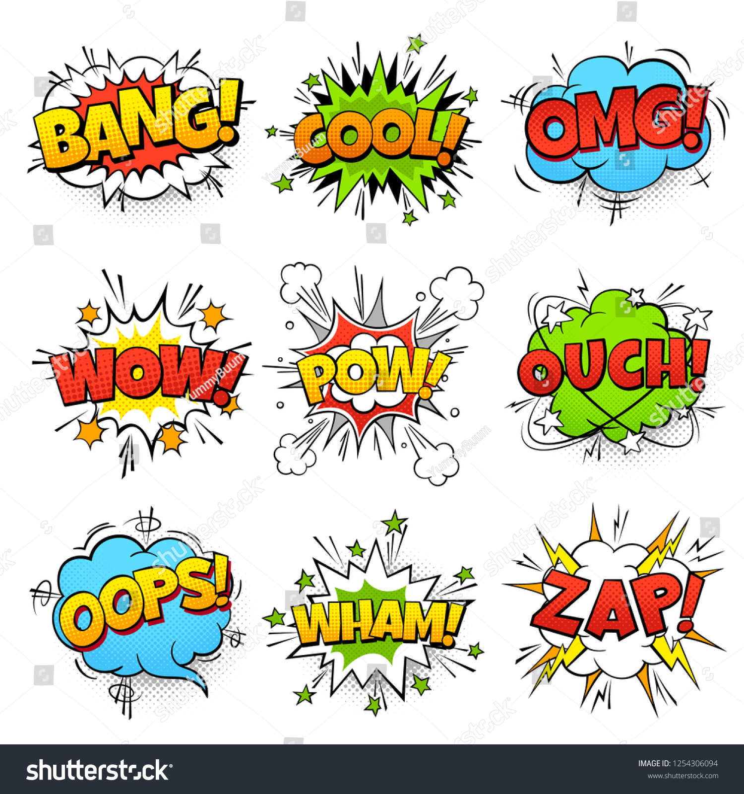 喜劇的な言葉 Zap Pow Wtf Boom Textを含む漫画の吹き出し 漫画のポップアート風船ベクターイラストセット のベクター画像素材 ロイヤリティフリー