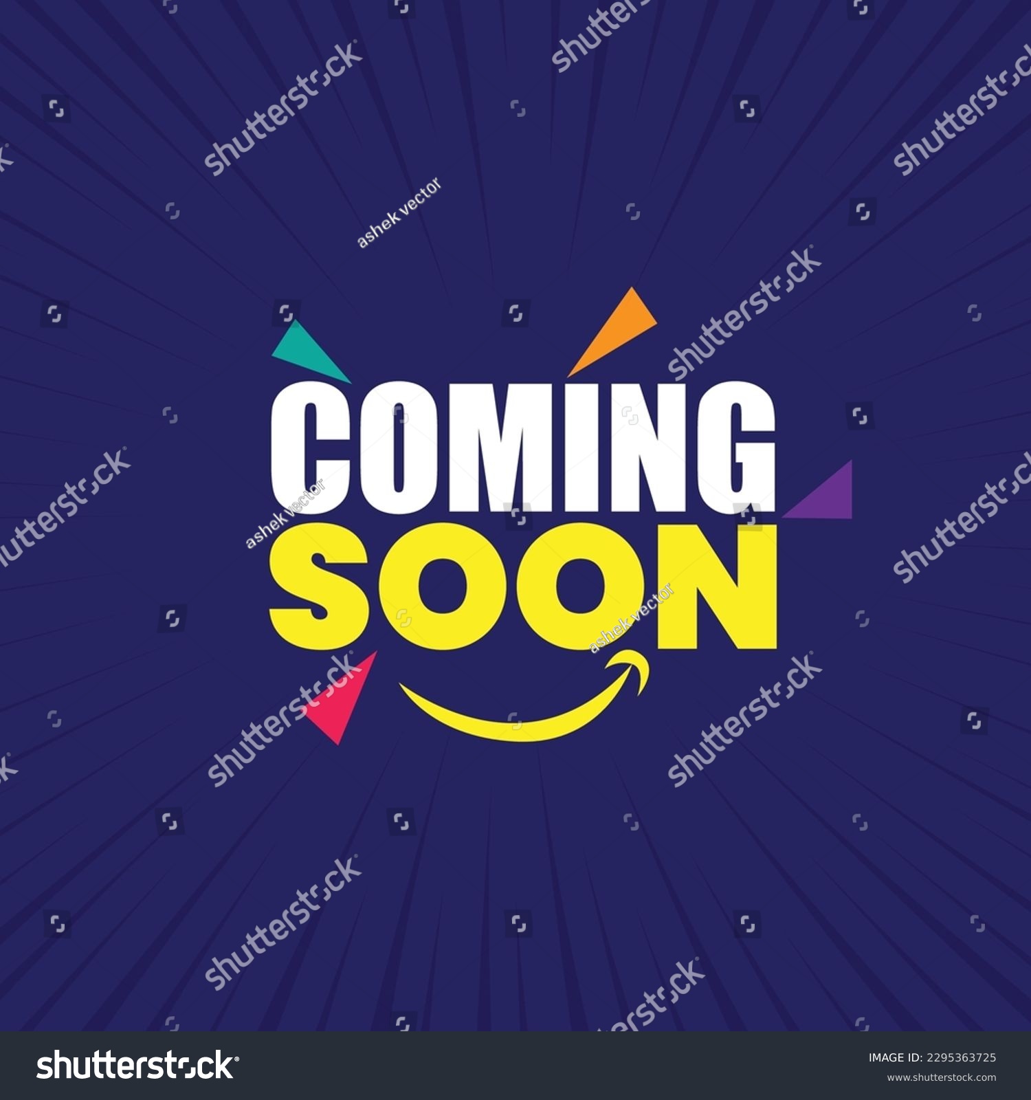 SVG of Coming soon banner template design with colorful celebration elements and happy face sign. Coming soon poster design on blue background for promote business. svg