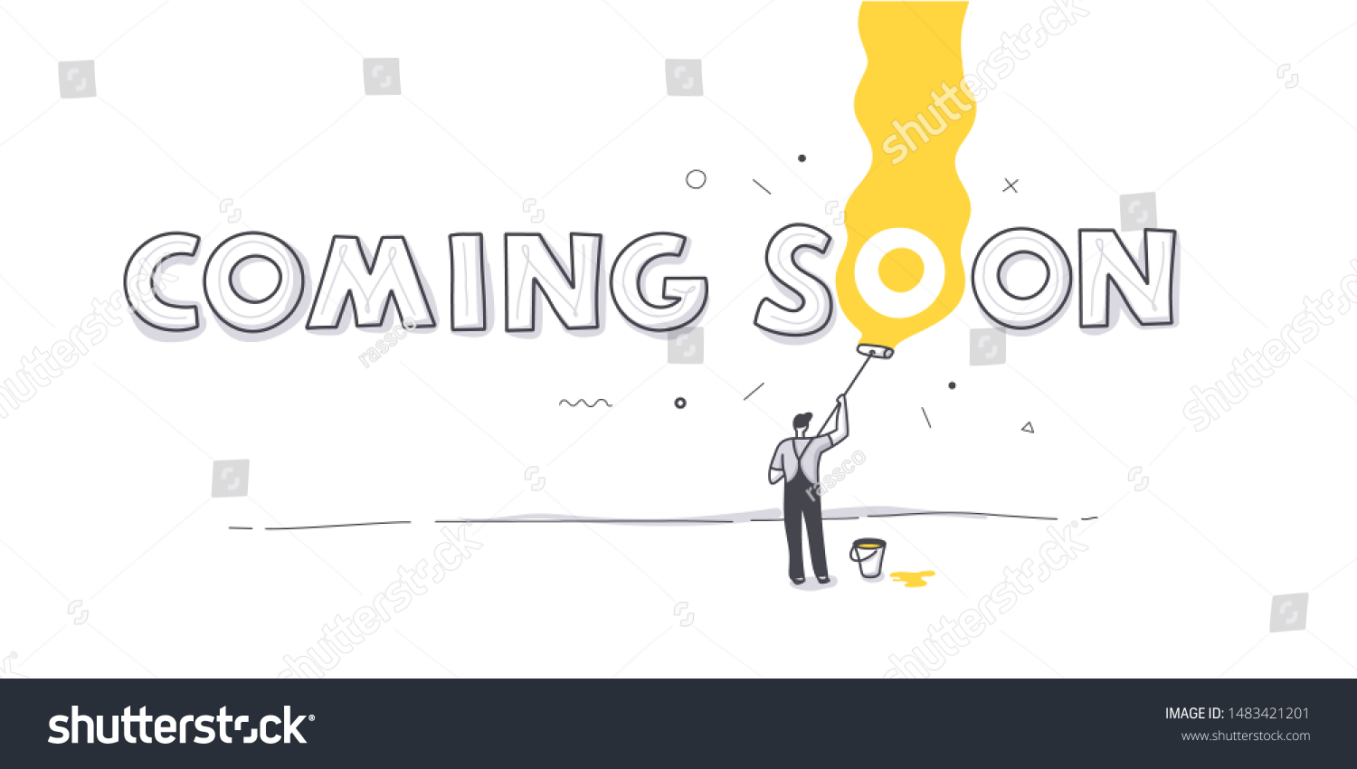 SVG of Coming soon page concept with a man painting wall with roller. Minimalist hand drawn doodle background illustration with handwritten text svg