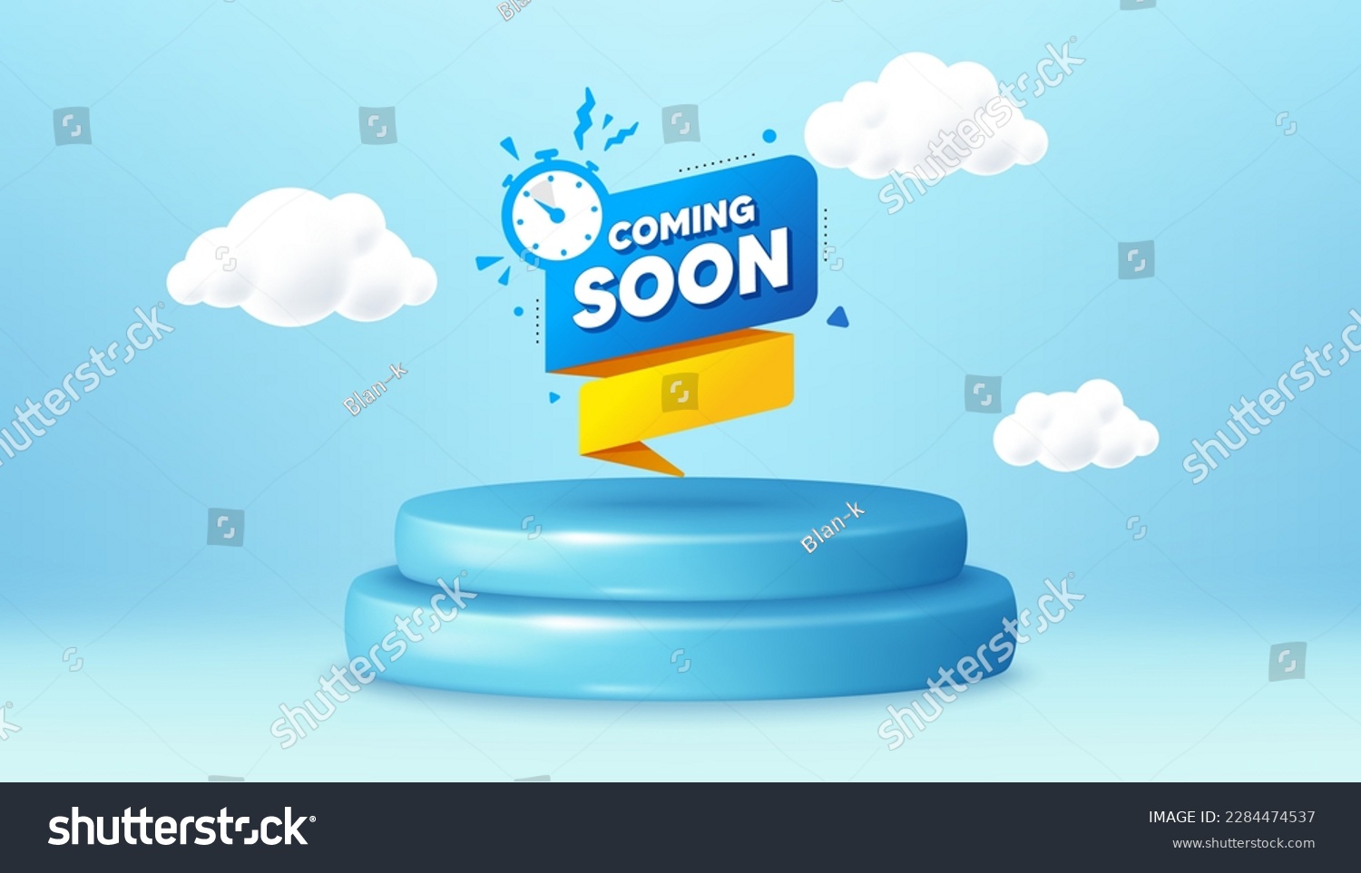 SVG of Coming soon paper banner. Winner podium 3d base. Product offer pedestal. Timer announcement tag. New open time icon. Coming soon promotion message. Background with 3d clouds. Vector svg