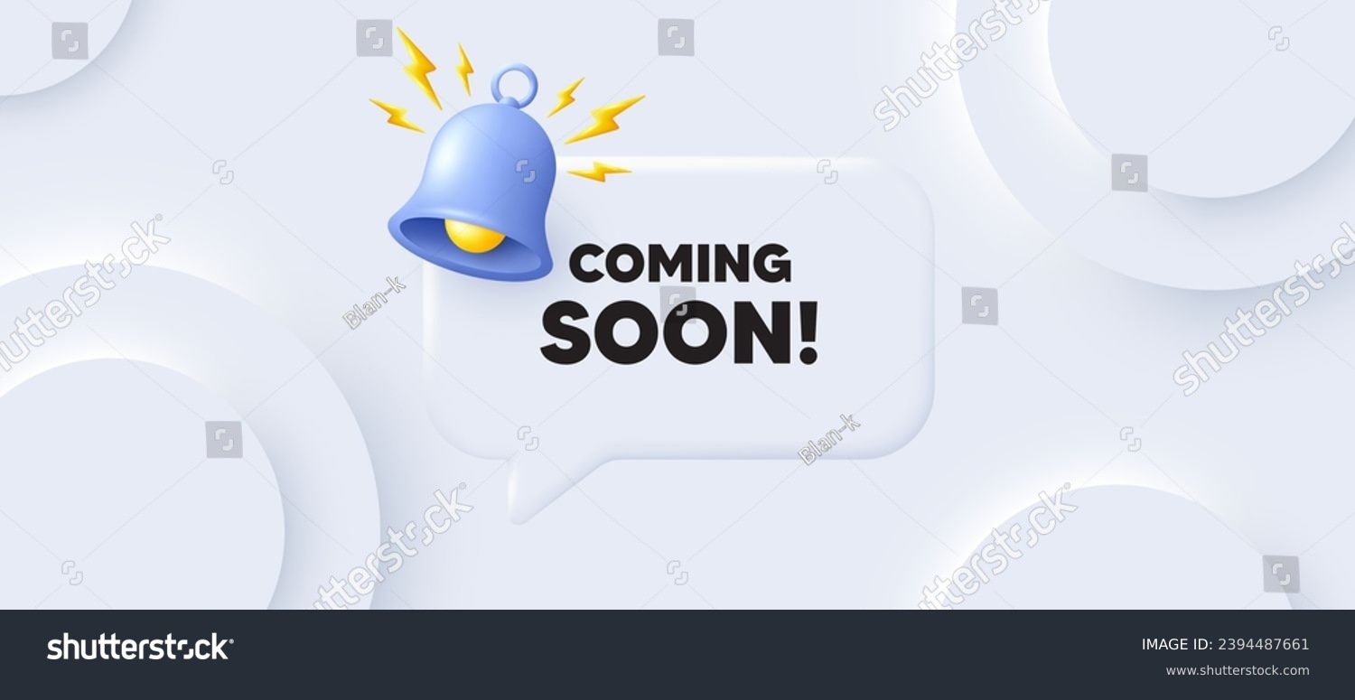 SVG of Coming soon tag. Neumorphic background with chat speech bubble. Promotion banner sign. New product release symbol. Coming soon speech message. Banner with bell. Vector svg