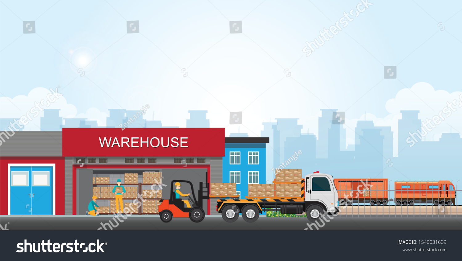 SVG of Commercial port with freight train. Workers loading the truck with packaged goods at the industrial warehouse with a forklift truck, vector illustration. svg