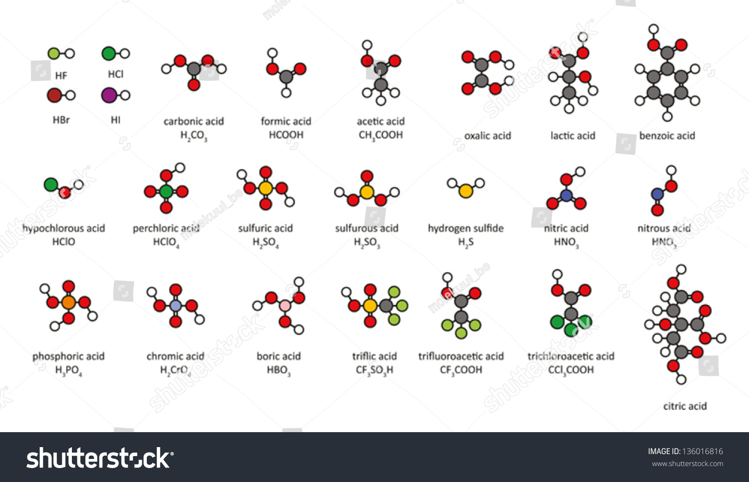 Common Acids, 2d Chemical Structures. Atoms Are Represented As ...