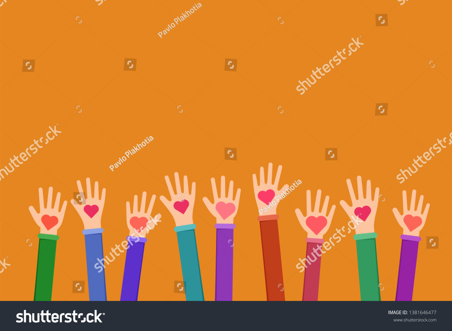 SVG of Community charitable work symbol flat illustration. Cartoon hands holding hearts on orange background. Charity fund, volunteering, fundraising organization uniting efforts for humanitarian aid svg