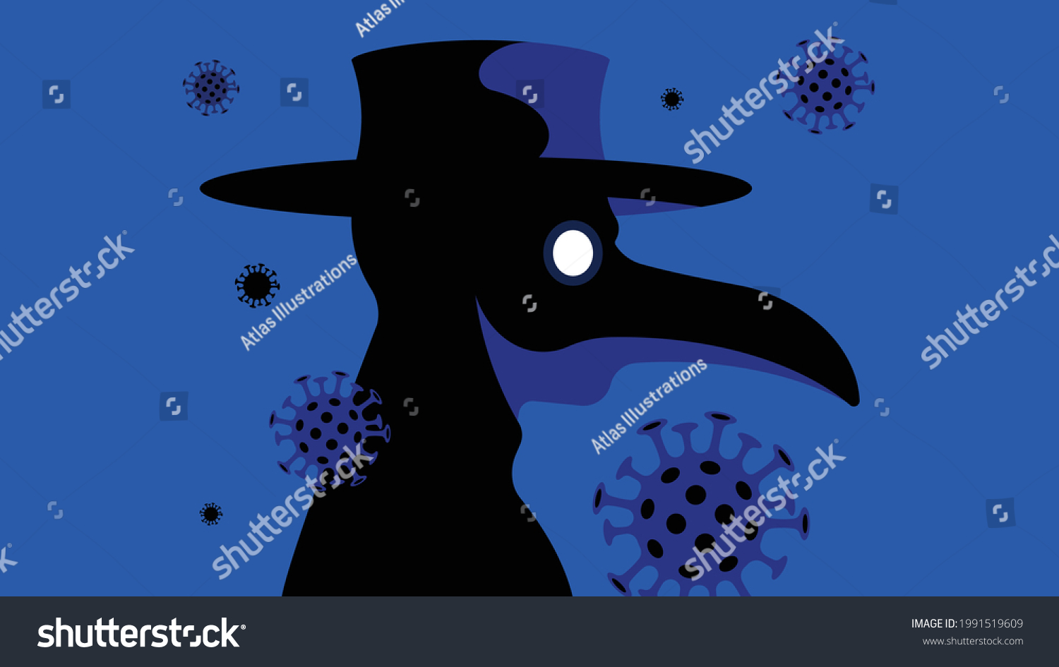 SVG of Comparison of coronavirus and plague. The Plague doctor, theater character in vintage mask. Symbol of coronavirus in the air. Concert of epidemics, diseases and treatment.  svg