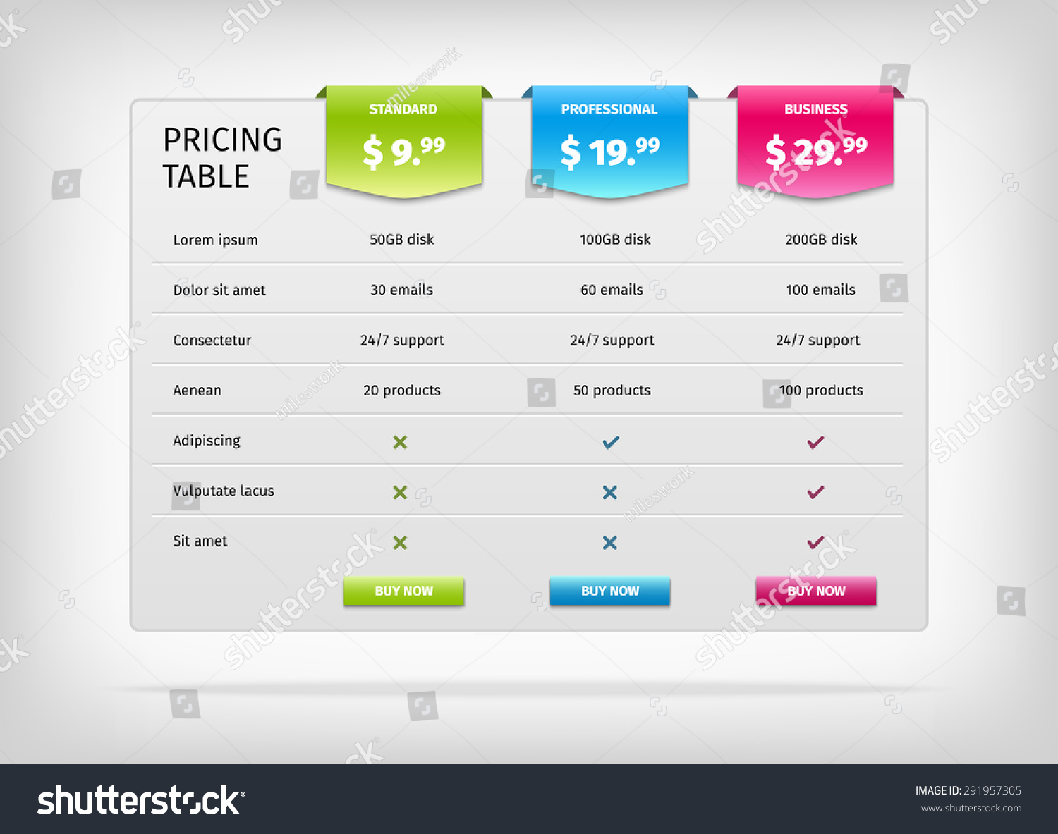 comparison services web pricing table template stock vector royalty