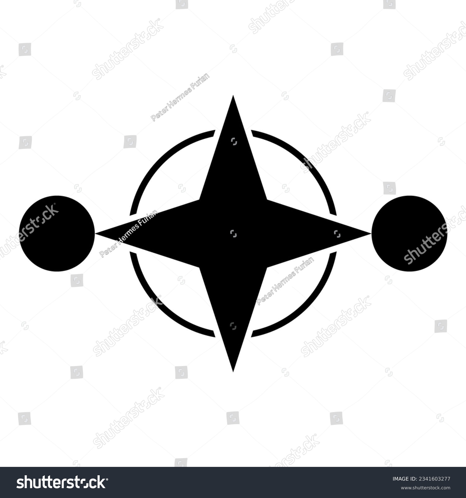SVG of Compass rose in a ring with circles. Four-pointed star with frame and with one circle on the left and one on the right side. Modeled on a crop circle pattern, found at Preston Candover in Hampshire. svg