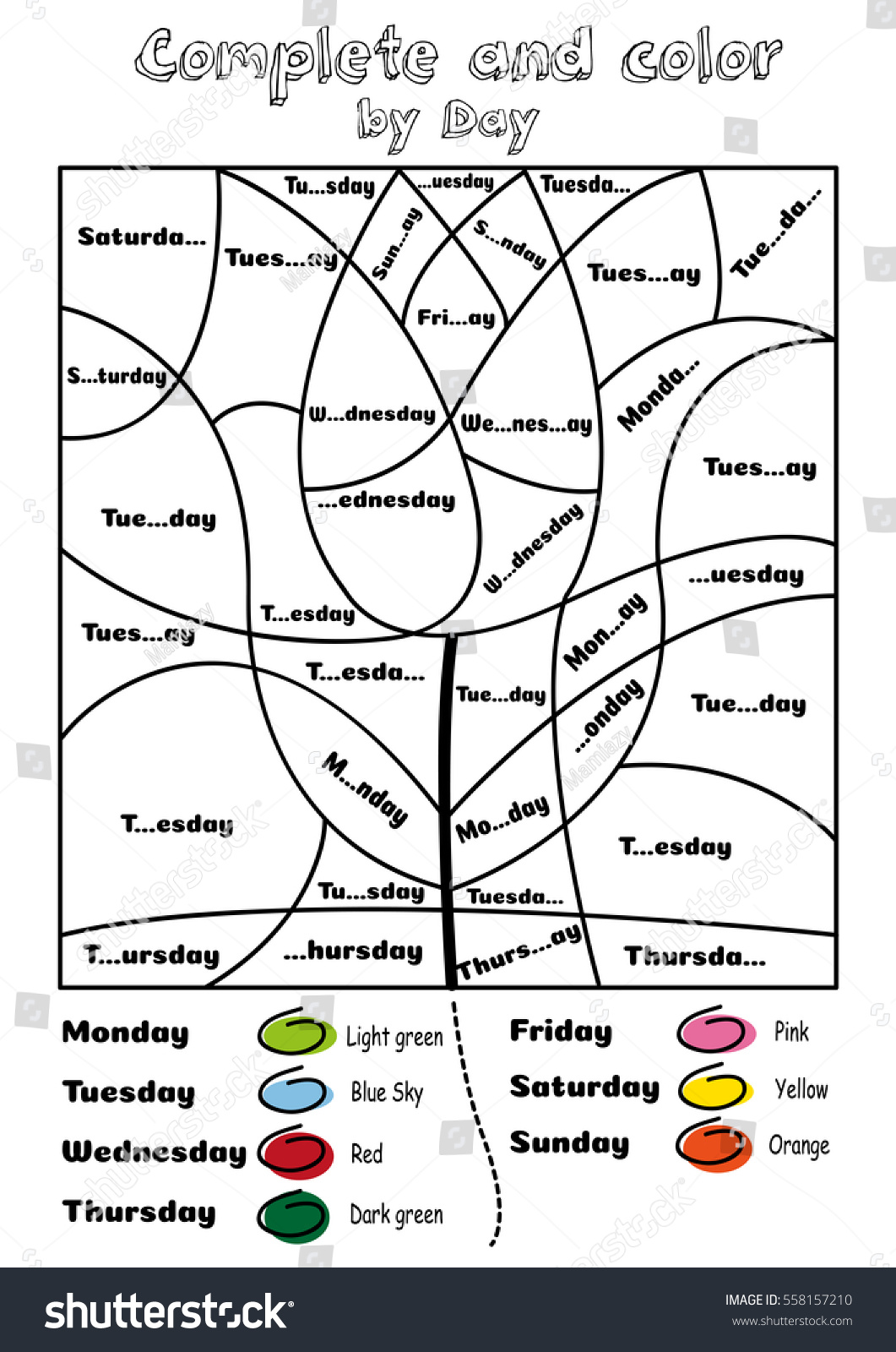 plete and color by days of the week Exercise Days of the week English kindergarten