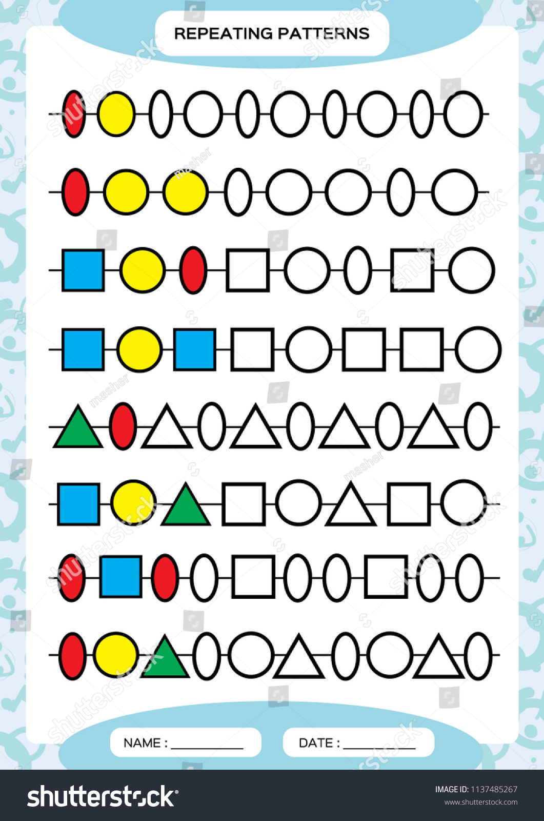 Complete Repeating Patterns Worksheet Preschool Kids Stock Vector Pertaining To Patterns Worksheet For Kindergarten