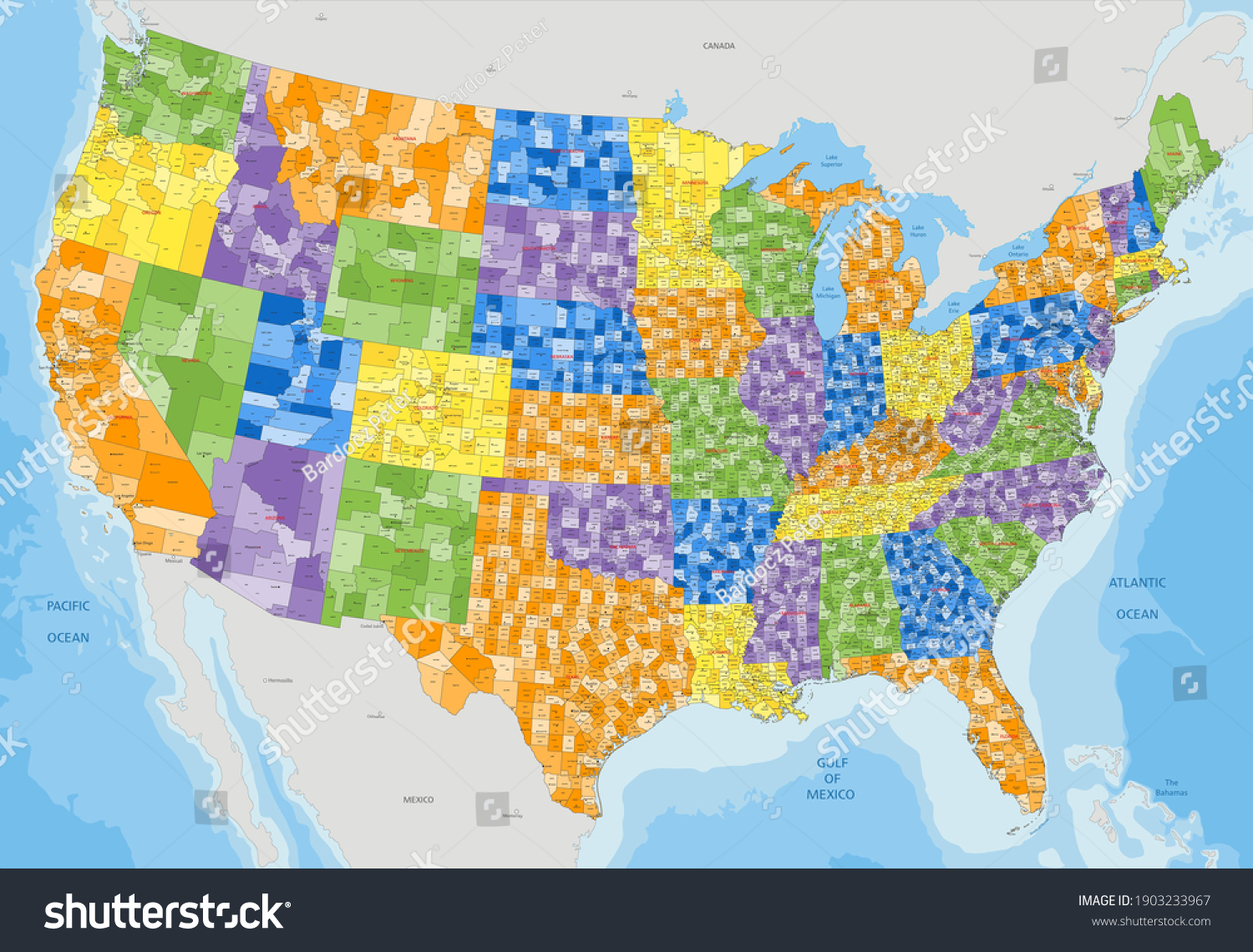 65 995 County Of The United States Stock Vectors Images Vector Art Stock Vector Complex Colorful Usa Political Map With Every County And Major City 1903233967