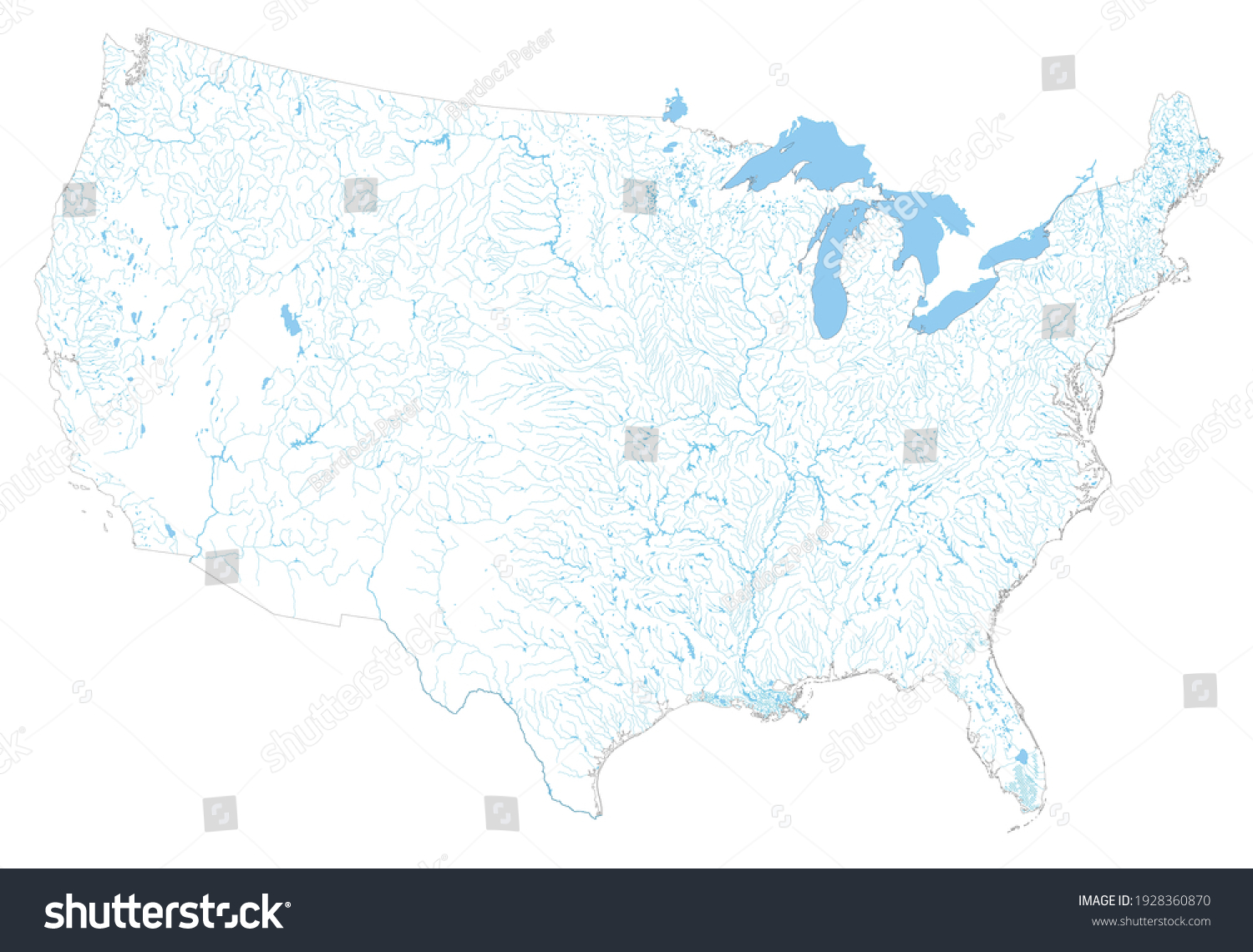 758 Im Genes De Waterway Map Im Genes Fotos Y Vectores De Stock Stock Vector Complex Us River Map With All The Major Rivers And Lakes 1928360870