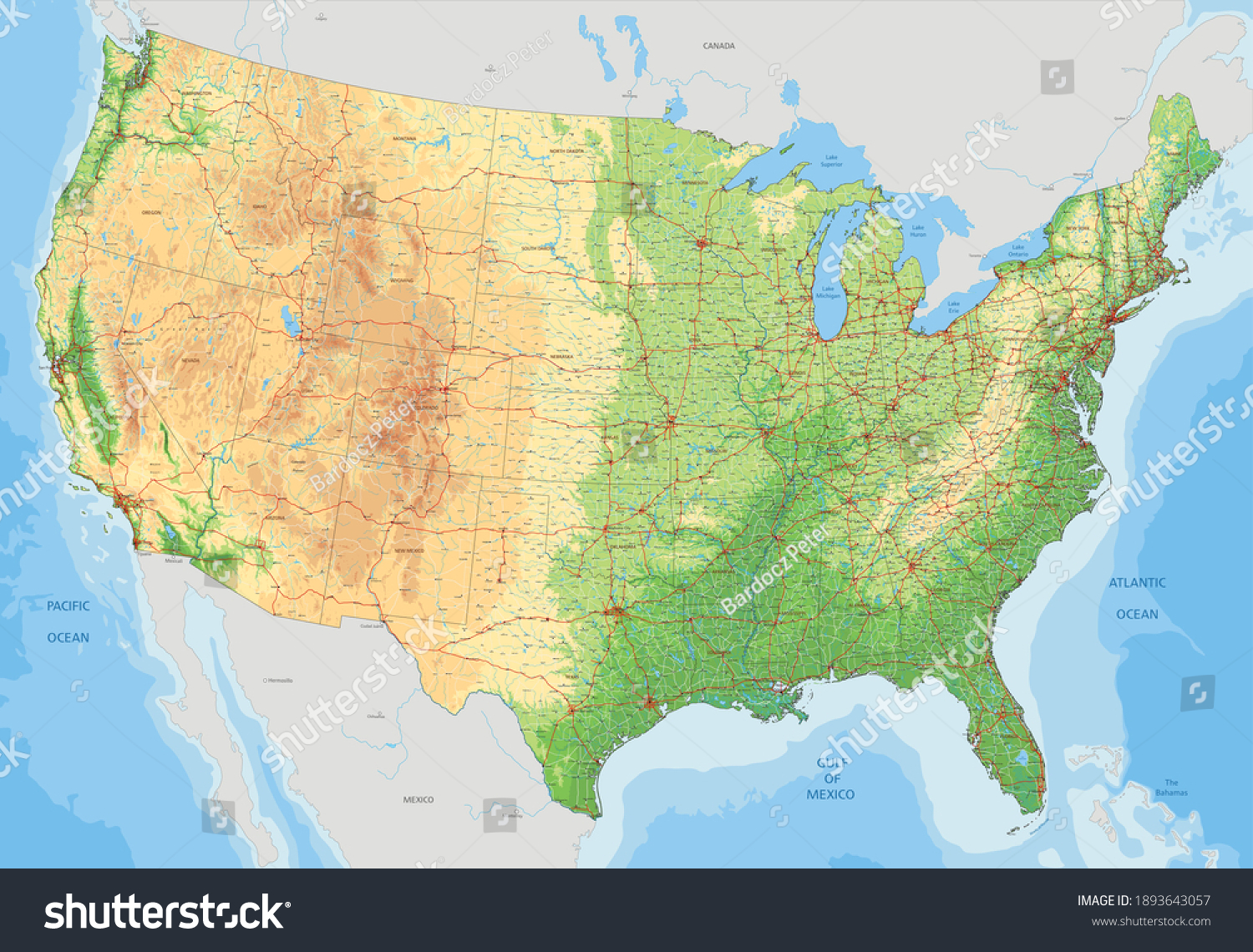 Complex Usa Physical Map Every Major Stock Vector Royalty Free Stock Vector Complex Usa Physical Map With Every Major City Roads And Hydrography 1893643057